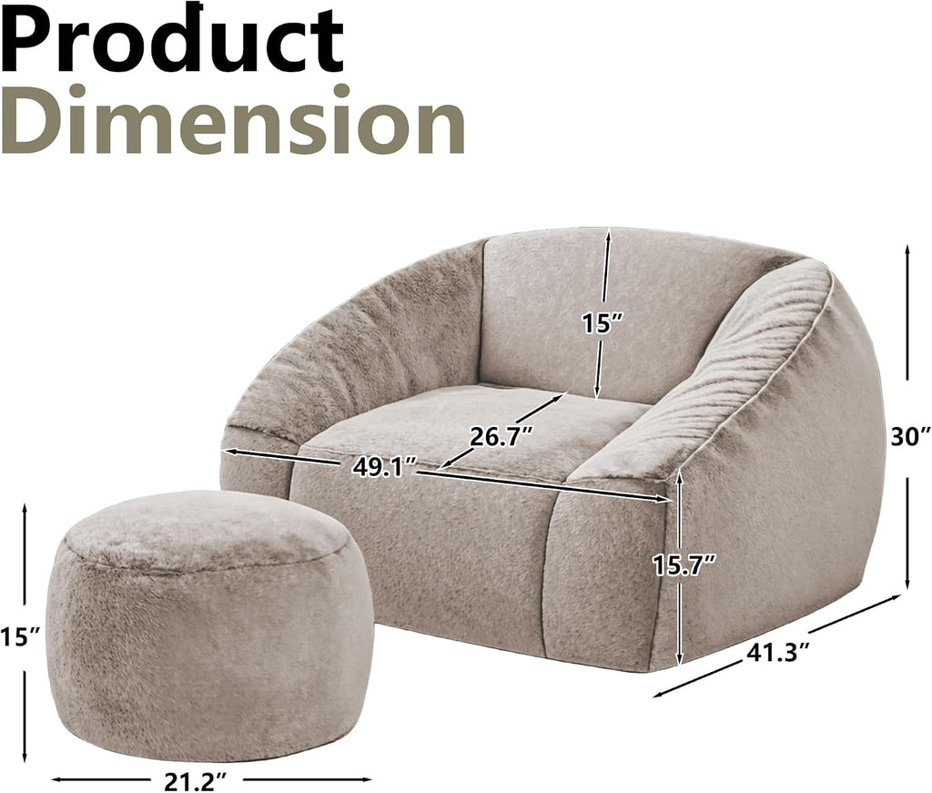 Bean Bag Chairs with Ottoman for Adults, Comfy Beanbag Chair with High-Resilience Foam, Oversized Bean Bag Sofa with Soft Faux Fur Fabric, Bean Bag Chair for Living Room,Bedroom,Khaki