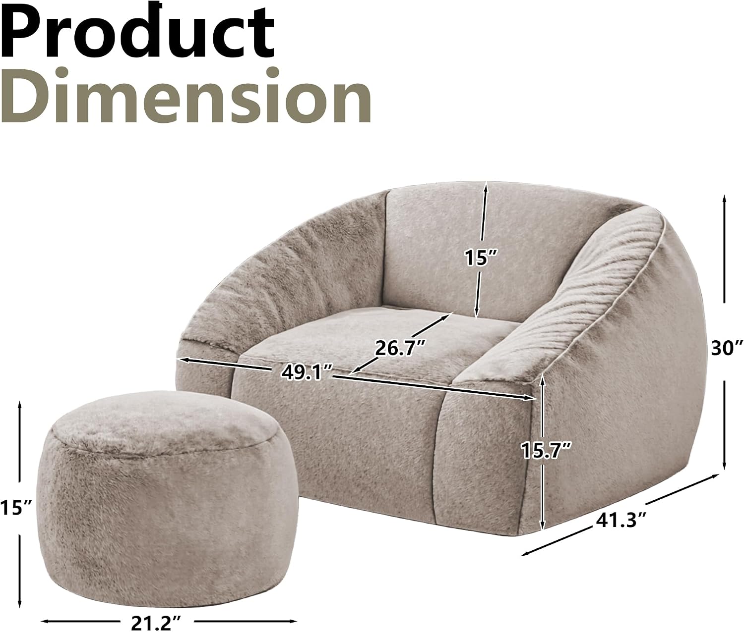 Bean Bag Chairs with Ottoman for Adults, Comfy Beanbag Chair with High-Resilience Foam, Oversized Bean Bag Sofa with Soft Faux Fur Fabric, Bean Bag Chair for Living Room,Bedroom,Khaki