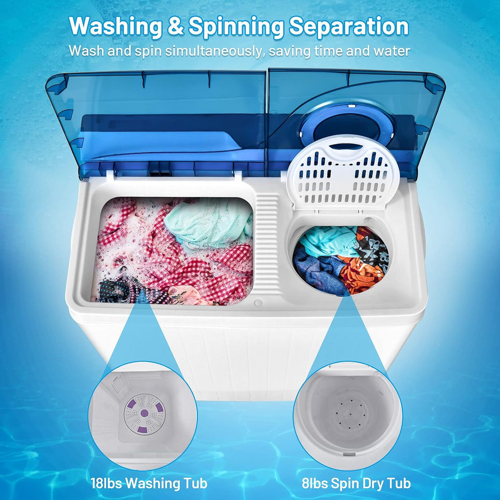 Giantex Washing Machine Semi-automatic, Twin Tub Washer with Spin Dryer, 26lbs Capacity, Built-in Drain Pump, Portable Laundry Washer, Compact Washing Machine for Apartment, Dorm and RV (White+Blue)