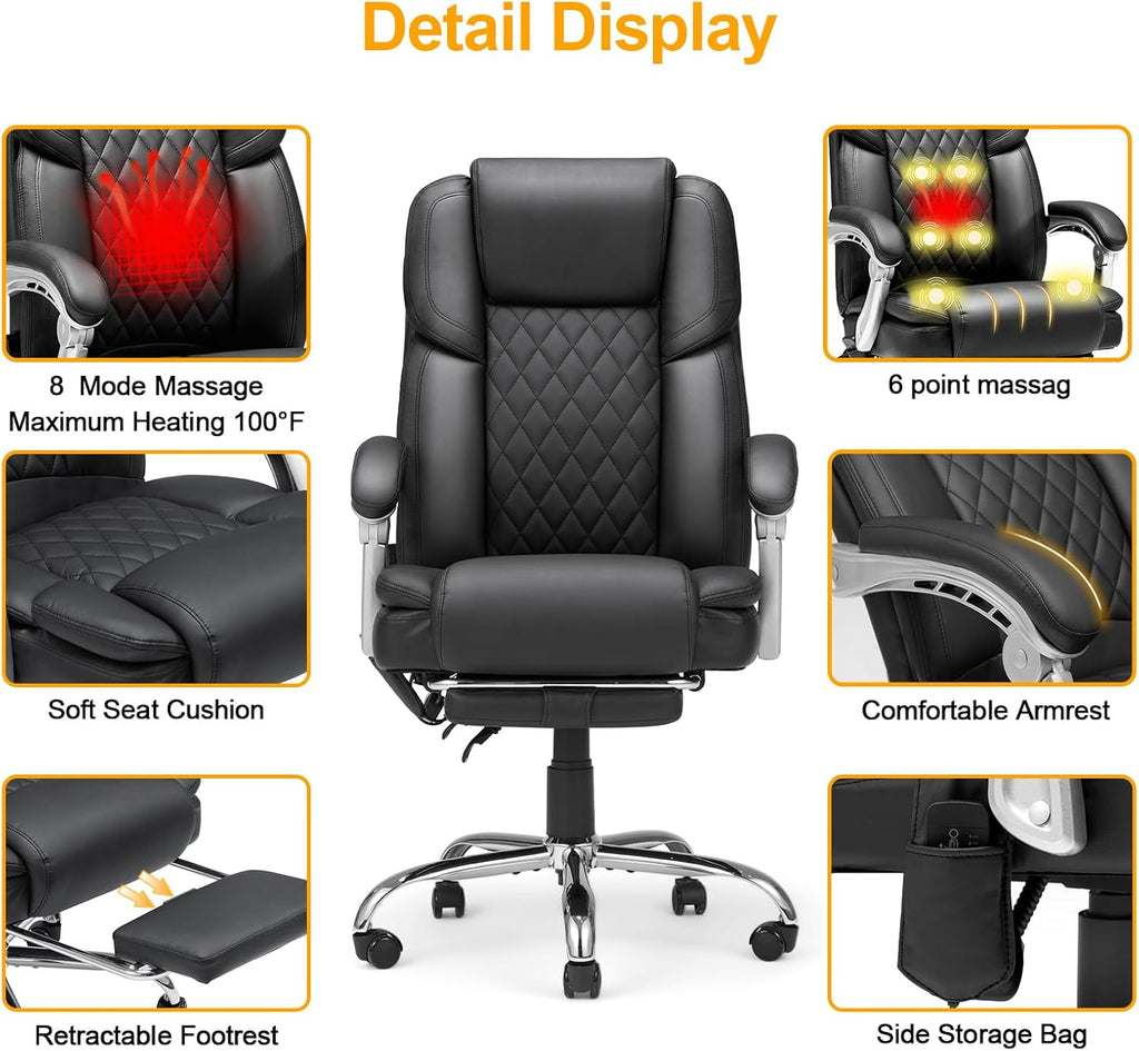 HOMREST 6-Point Massage Office Chair with Lumbar Support, Heated Executive Office Chair with Reclining Backrest, Computer Gaming Chair for Home Office, Black