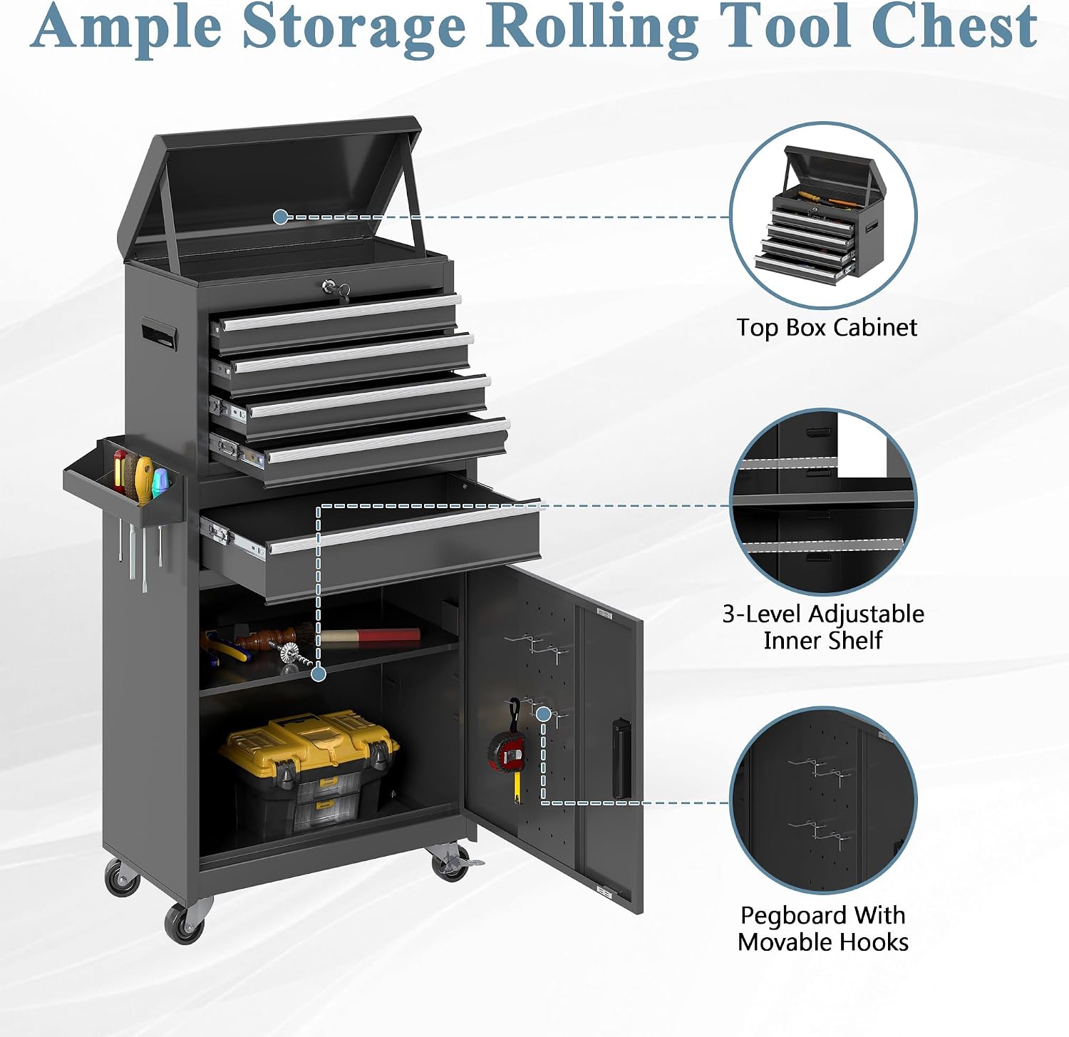 Tool Chest, 5 Drawers Rolling Tool Cabinet, Removable Cabinet Storage Tool Box with Universal Lockable Wheels, Lock Bar, Metal Tool Storage Cart, Tool Box for Garage, Workshop