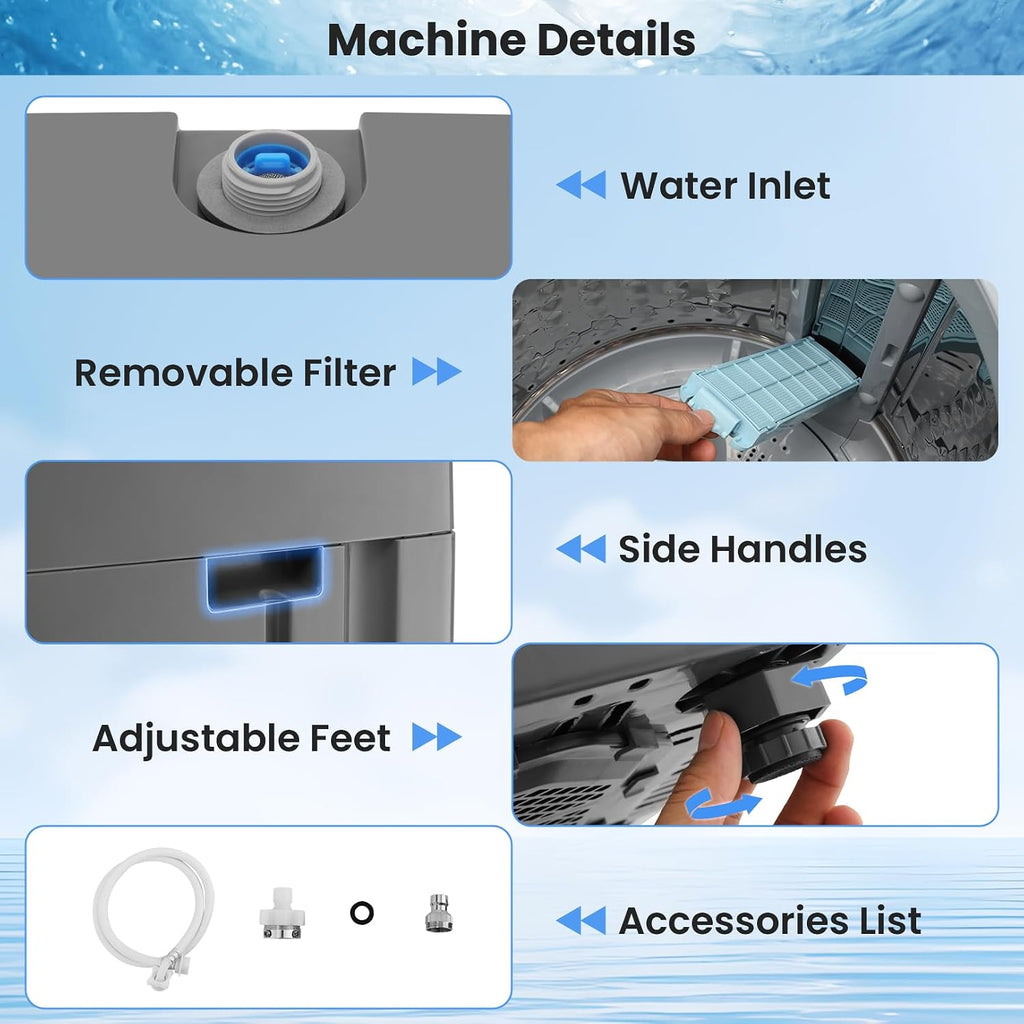 Nictemaw 2.8 Cu.ft Portable Washer, 20 lbs Capacity Full Automatic Washing Machine with Drain Pump, 10 Wash Programs & LED Display, Compact Clothes Washer for Apartments, RV, Dorm, Home