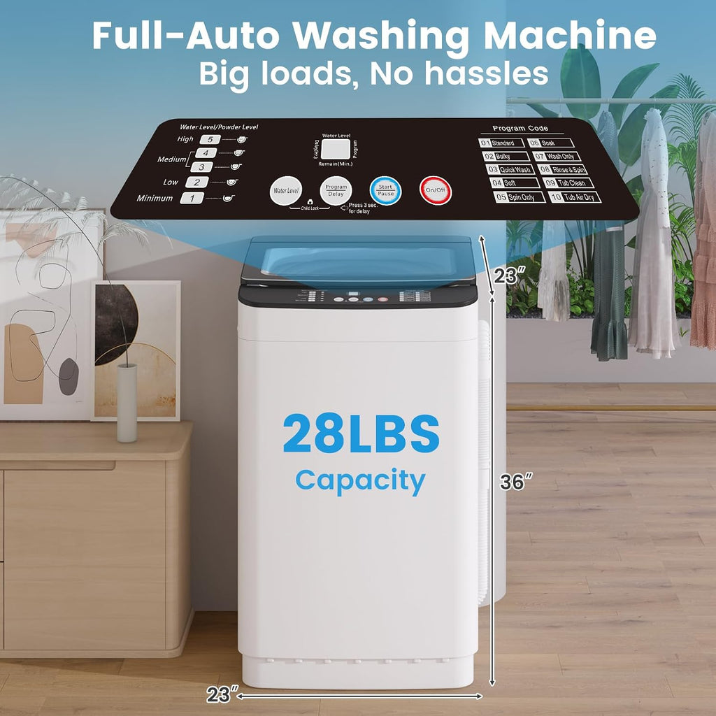 VCJ Portable Washing Machine and Dryer Set, 28lbs Fully Automatic Washer and 10lbs Portable Dryer with Stainless Steel Tub, Compact Washer and Dryer Combo for Apartment, RV, Dorm
