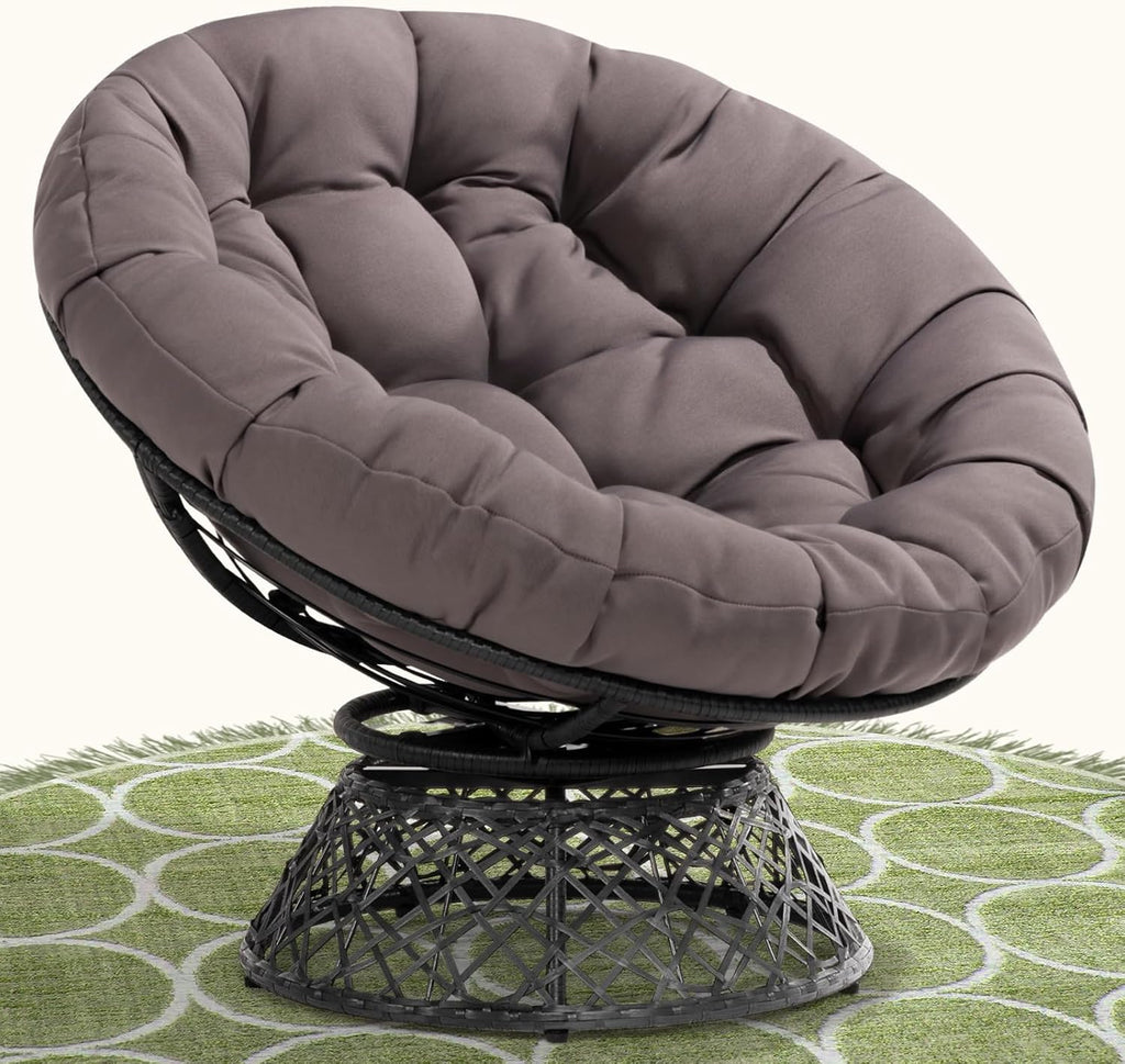 Bme 40' Ergonomic Wicker Papasan Chair with Soft Thick Density Fabric Cushion, High Capacity Steel Frame, 360 Degree Swivel for Living, Bedroom, Reading Room, Lounge, Smoky Quartz - Black Base