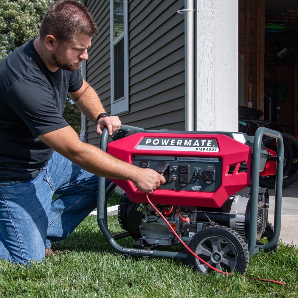 Powermate PM9400E 9,400-Watt Gas-Powered Portable Open Frame Generator - Electric Start - Quiet Operation - Ideal for Home and Outdoor Activites - Engine Powered by Generac - Red/Black