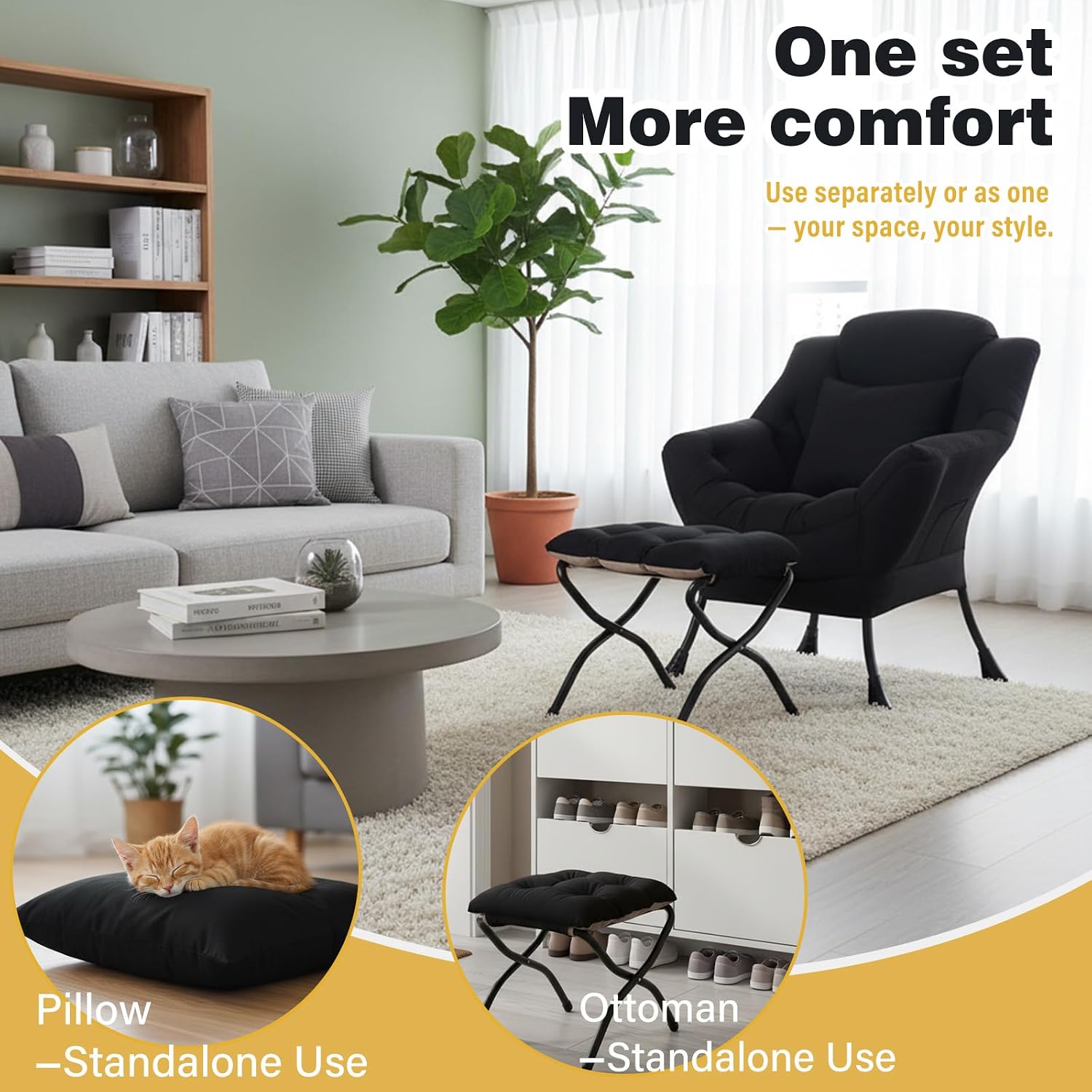 Lazy Chair with Ottoman, Large Accent Chair with Ottoman and a Throw Pillow, Black Reading Chair for Living Room Bedroom Dorm Room Office Apartment Relaxing Use