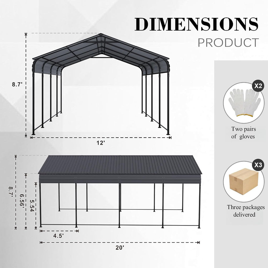 12x20x8.7 FT Carport with Galvanized Steel Roof, Heavy Duty Metal Carport Canopy, Car Shelter Garage for Pickup, Boat, Car and Tractors, Grey