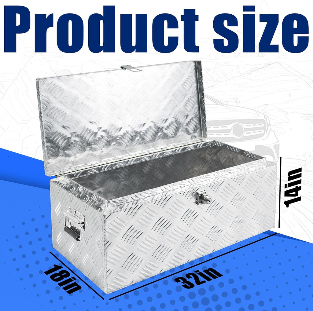Aluminum Underbody Truck Box 32'×18'×14' Pick up Square Storage Toolbox Heavy Duty Diamond Plate Tool Boxes with Side Handle Buckle Lock and Keys for Storage and Organization