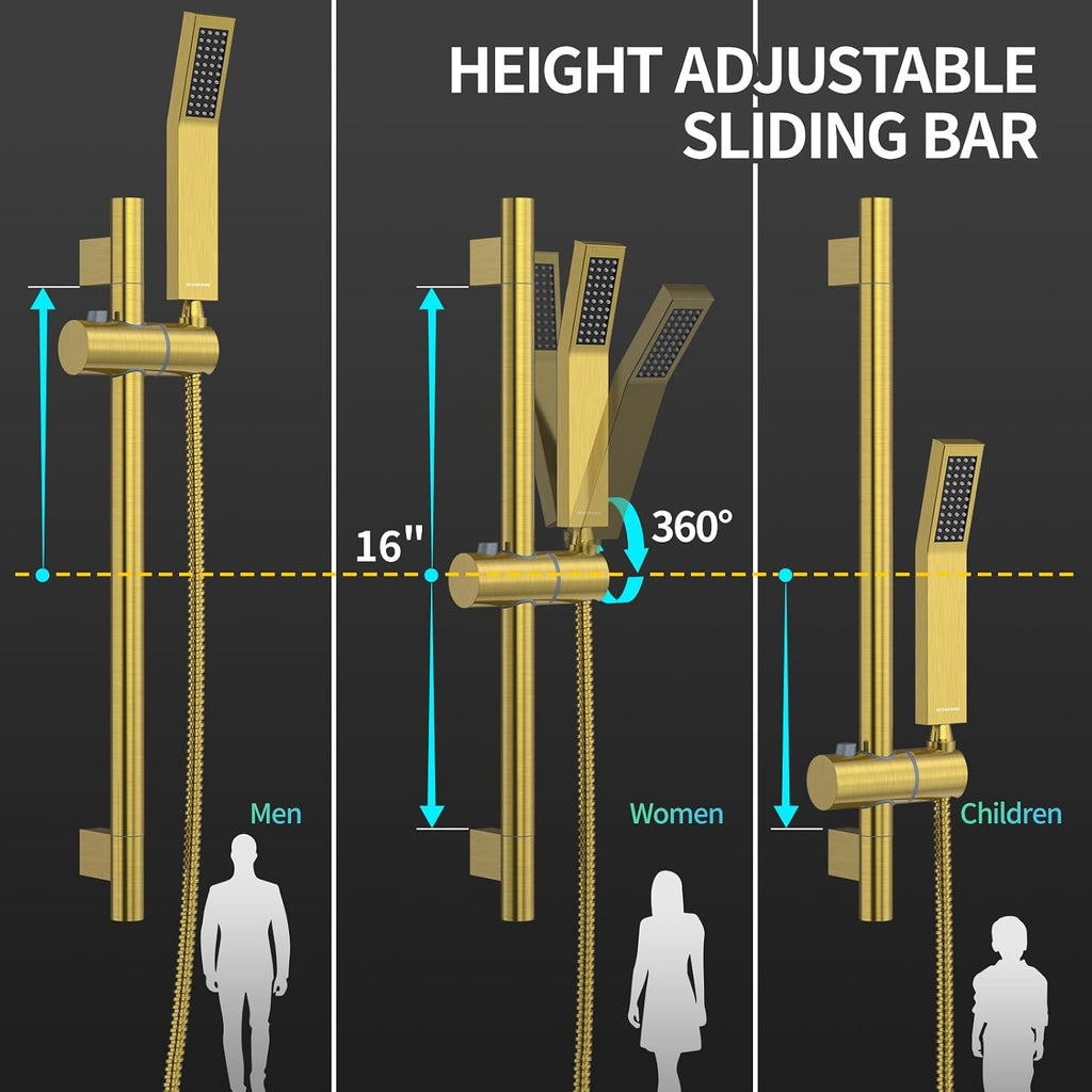 SR SUN RISE 12 Inch Brushed Gold Shower Faucet Set, Wall-Mount Adjustable 16-Inch Slide Bar with Square Hand Shower System Included Valve and Trim Kit