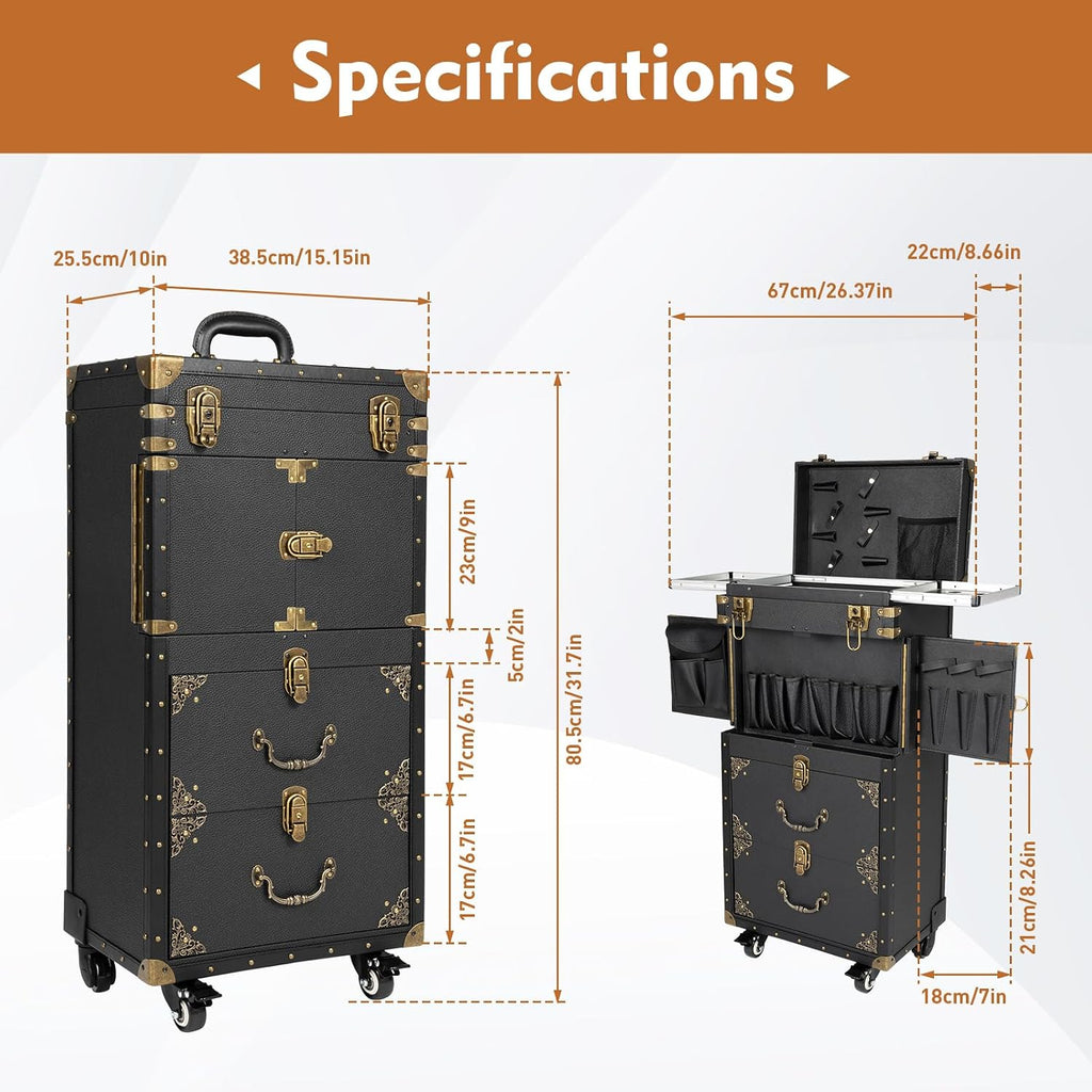 Rolling Makeup Train Case with Drawer, 14.96*10.04*32.28 Lockable Makeup Train Case, Cosmetology Case on Wheels Hairstylist Traveling Bag, Salon Cosmetic Luggage Travel Organizer Tool Box, Black