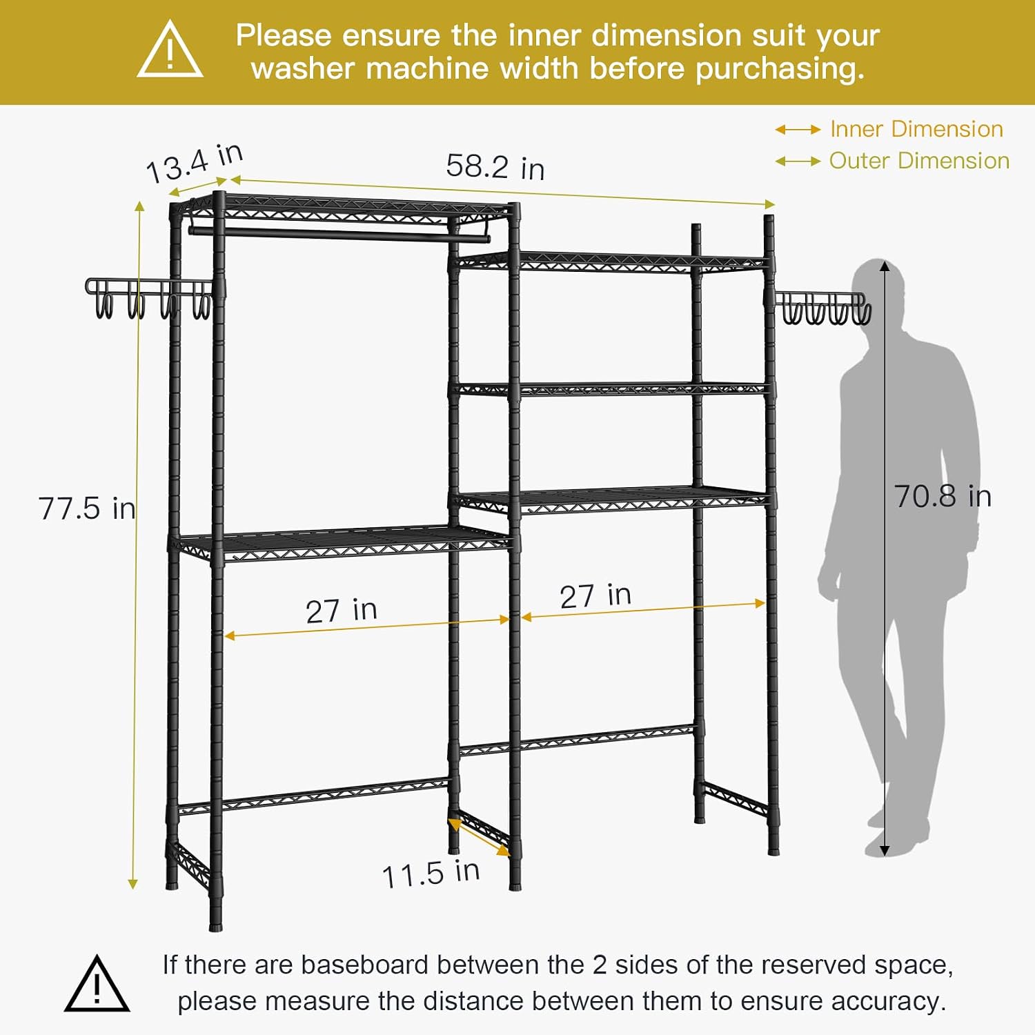 Ulif U5 Over the Washer and Dryer Storage Shelf, Laundry Room Space Saver Bathroom Storage and Organizer Rack for Hanging Towels and Drying Clothes with 5 Wire Shelves, 58.2'W x 13.4'D x 77.5'H, Black