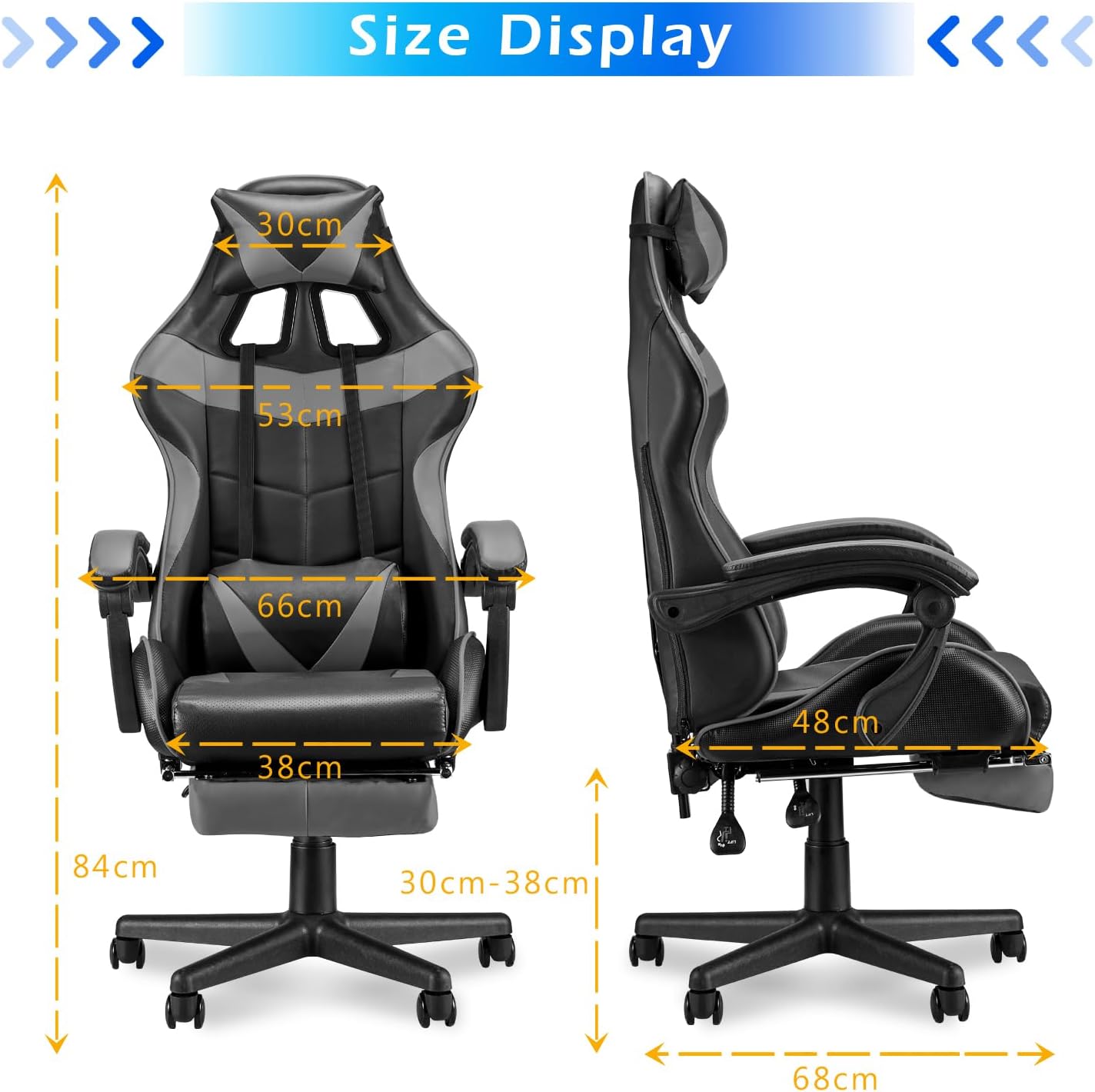 Soontrans Grey Gaming Chairs with Footrest,Ergonomic PC Computer Game Chair,Home Office Desk Chair with Headrest and Lumbar Support Gamer Chair for Adult