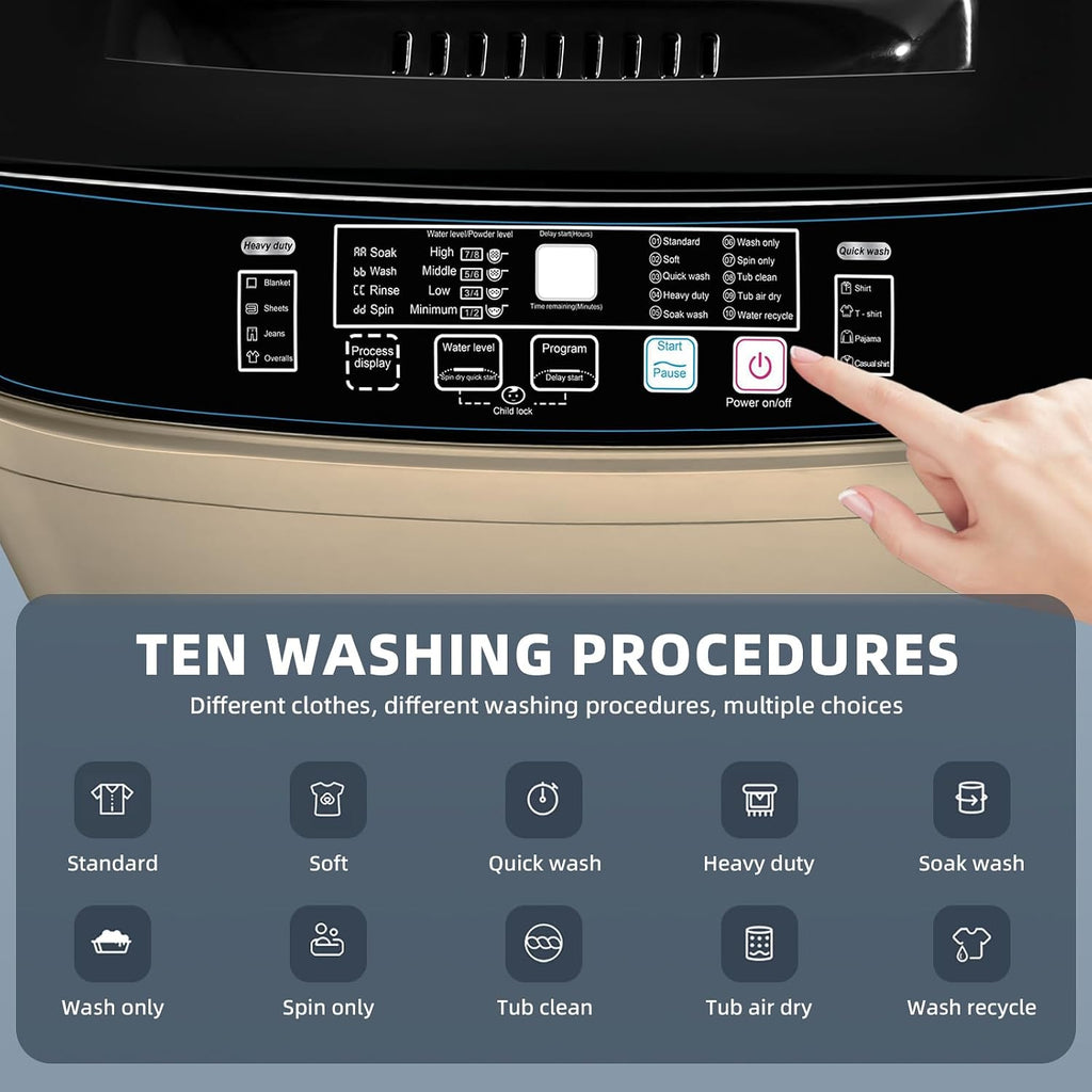 Qhou Full-Automatic Washing Machine, 15.6lbs Capacity Portable Washer, with Drain Pump, LED Display/8 Water Levels Selections/10 Programs Compact Laundry Washer for RV, Camping, Apartment, Dorm（Gold)