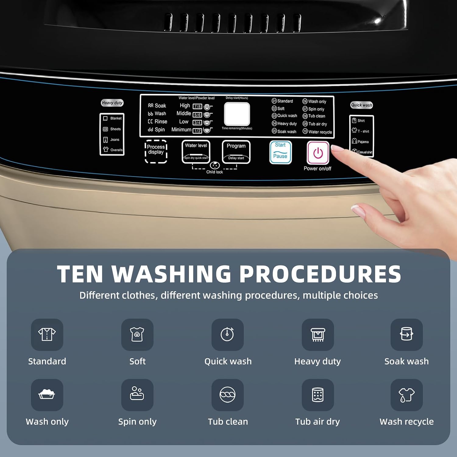 Qhou Full-Automatic Washing Machine, 15.6lbs Capacity Portable Washer, with Drain Pump, LED Display/8 Water Levels Selections/10 Programs Compact Laundry Washer for RV, Camping, Apartment, Dorm（Gold)