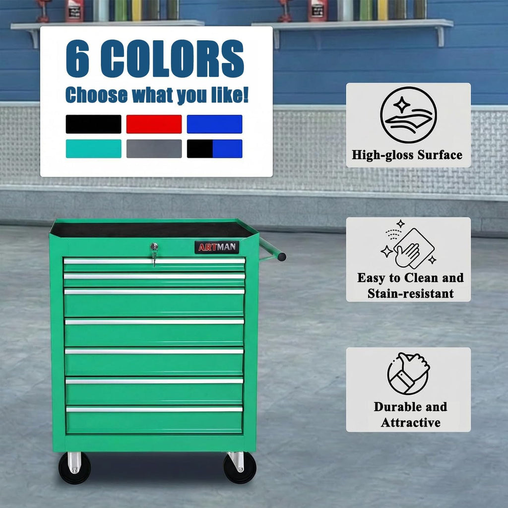 7 Drawers Tool Cart on Wheels,Multifunctional Rolling Tool Chest Tool Storage,Drawers Rolling Tool Trolley Organizer Tool Case for Repair Shop,Garage,Warehouse,Workshop (7 Drawers-Green)