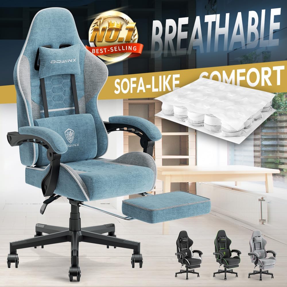 Dowinx 5TE8 Gaming Chair Fabric with Pocket Spring Cushion, Massage Game Chair Cloth with Headrest, Ergonomic Computer Chair with Footrest 290LBS