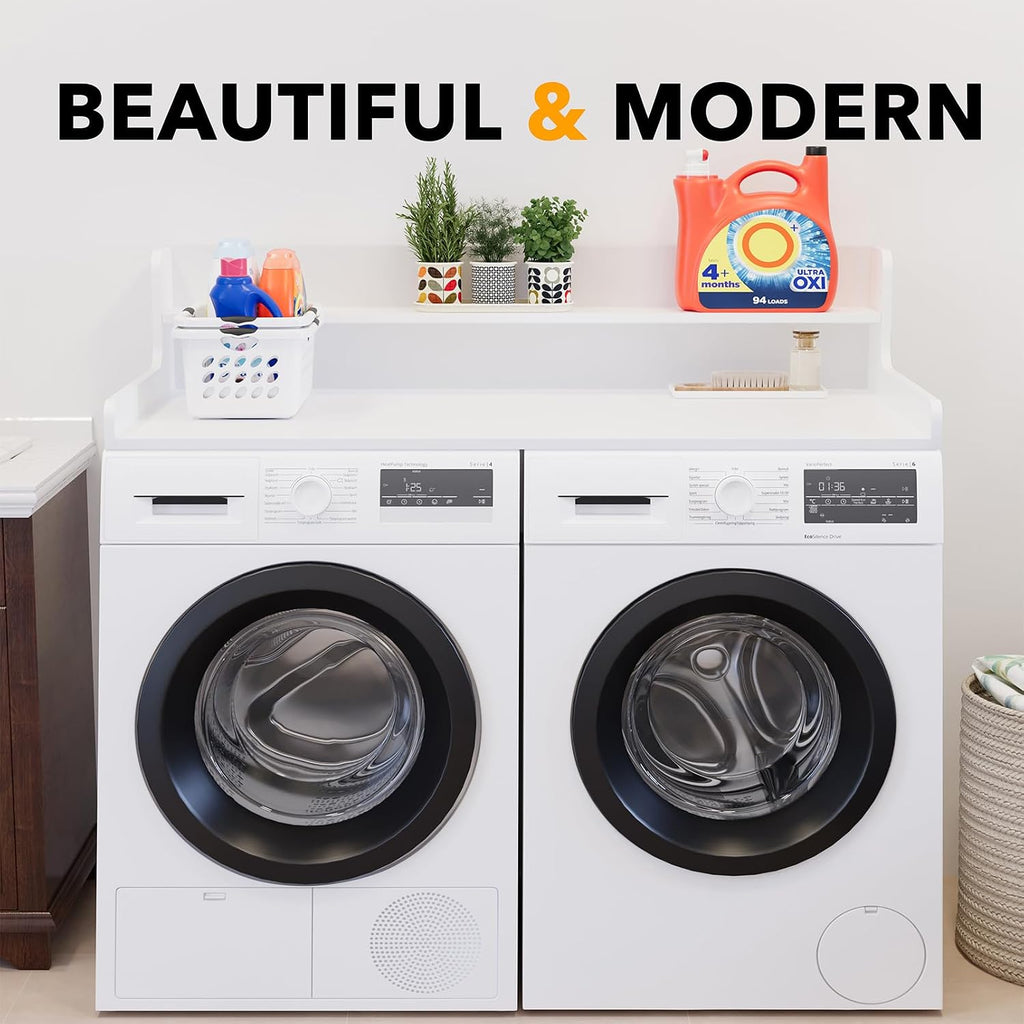 SpaceAid Washer Dryer Countertop with 2-Tier Shelf, Wood Topper with Edge, 54' Width x 27.5' Depth Cover Organizer Guard for Washer and Dryer Counter Laundry Hamper Storage (White)