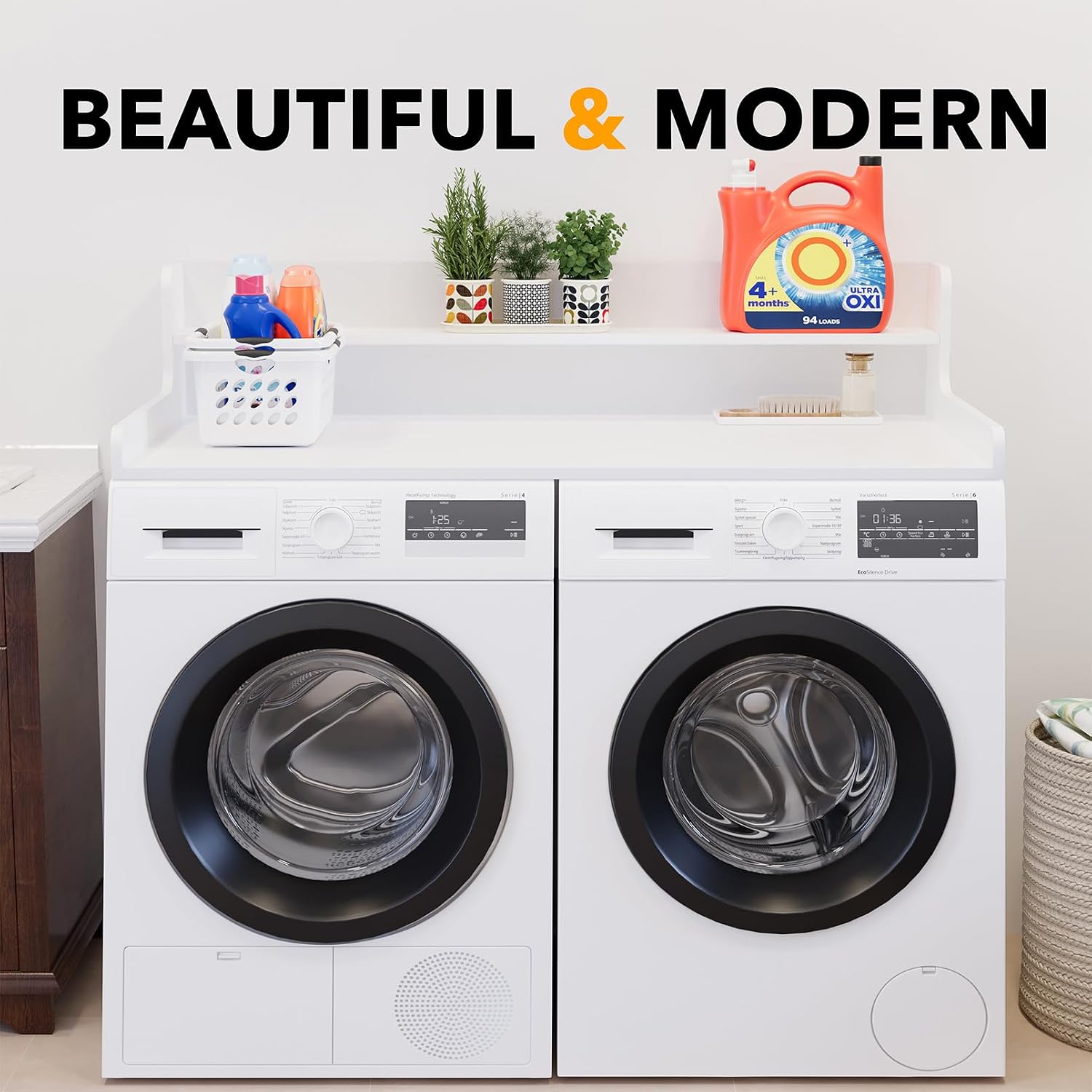 SpaceAid Washer Dryer Countertop with 2-Tier Shelf, Wood Topper with Edge, 54' Width x 27.5' Depth Cover Organizer Guard for Washer and Dryer Counter Laundry Hamper Storage (White)