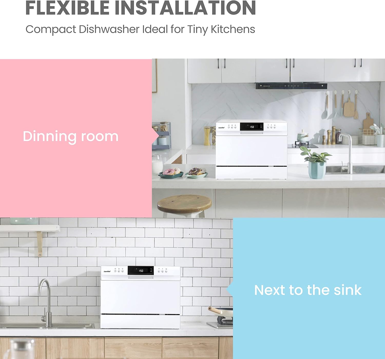 COMFEE' Portable Mini Dishwasher, Energy Star, Countertop, 6 Place Settings, with 8 Washing Programs, Speed, Baby-Care, ECO& Glass, Dish Washer for Dorm, RV& Apartment, White