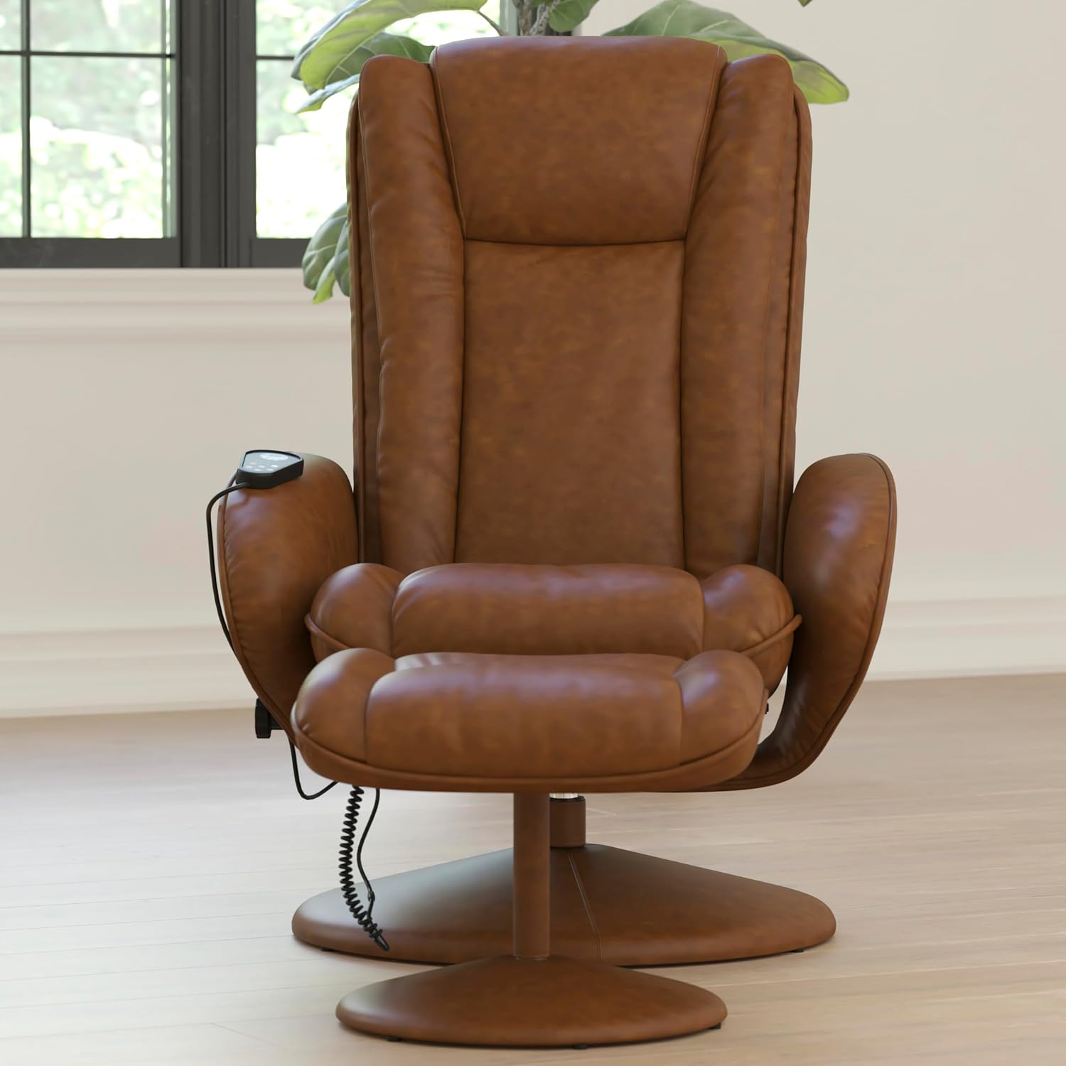 Flash Furniture Poppy Massaging Multi-Position Plush Recliner with Side Pocket and Ottoman in Brown LeatherSoft