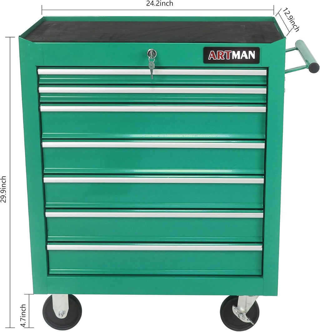 7-Drawers Multifunctional Tool Boxes on Wheels, Lockable 4' Casters Tool Cart Cabinet, Powder-coated Steel Rolling Tool Chest with Key for Garage, Warehouse, Repair Shop, 231LBS Capacity - Green