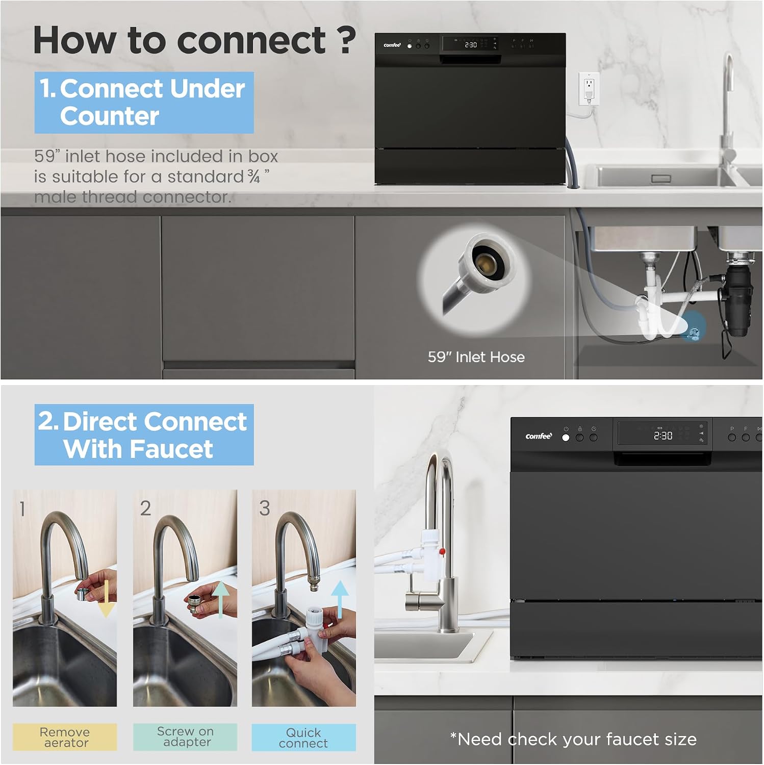 COMFEE' Countertop Dishwasher, Energy Star Portable Dishwasher, 6 Place Settings & 8 Washing Programs, Speed, Baby-Care, ECO& Glass, Dish Washer for Dorm, RV& Apartment, Black