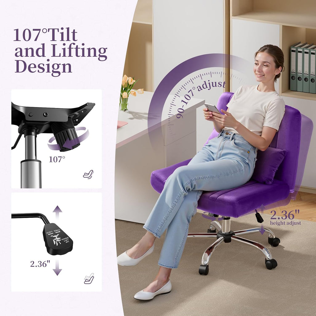 Criss Cross Chair with Wheels, Velvet Cross Legged Office Chair, Comfy Desk Chair for Home Office, Ergonomic Computer Chair, Wide Seat Vanity Chair, Birthday Gift for Women, Velvet Plum Purple
