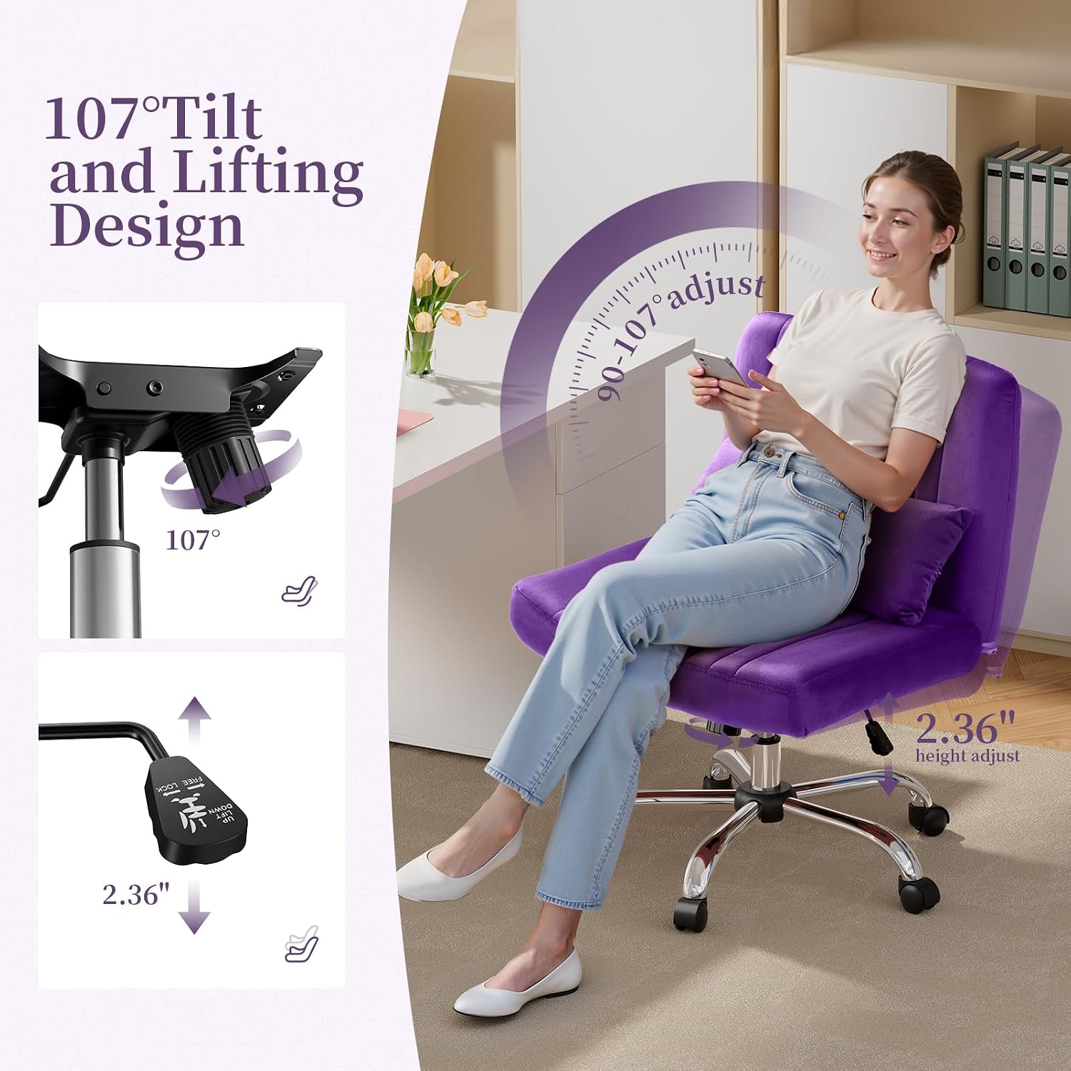 Criss Cross Chair with Wheels, Velvet Cross Legged Office Chair, Comfy Desk Chair for Home Office, Ergonomic Computer Chair, Wide Seat Vanity Chair, Birthday Gift for Women, Velvet Plum Purple