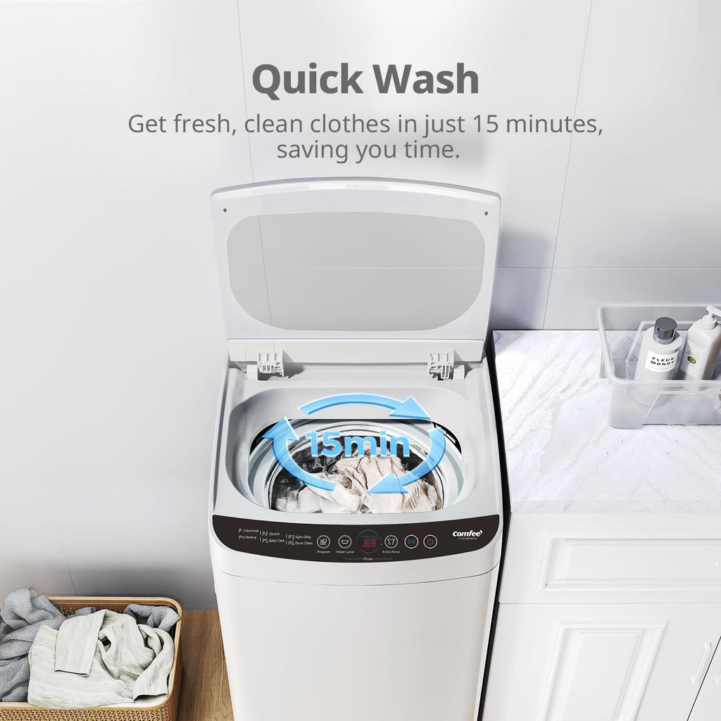 COMFEE' Portable Washing Machine, 0.9 cu.ft Compact Washer With LED Display, 5 Wash Cycles, 2 Built-in Rollers, Space Saving Full-Automatic Washer with wheels