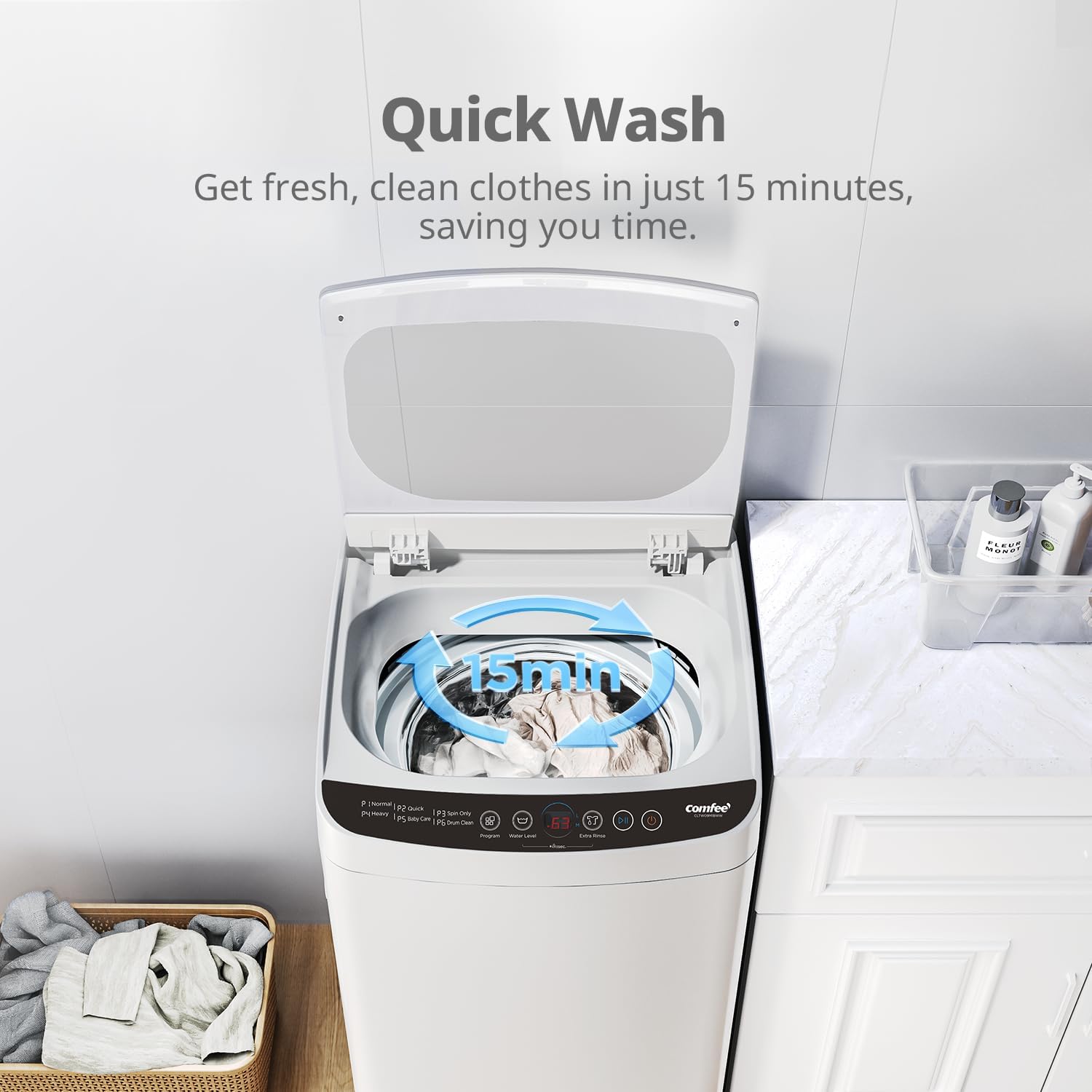 COMFEE' Portable Washing Machine, 0.9 cu.ft Compact Washer With LED Display, 5 Wash Cycles, 2 Built-in Rollers, Space Saving Full-Automatic Washer with wheels
