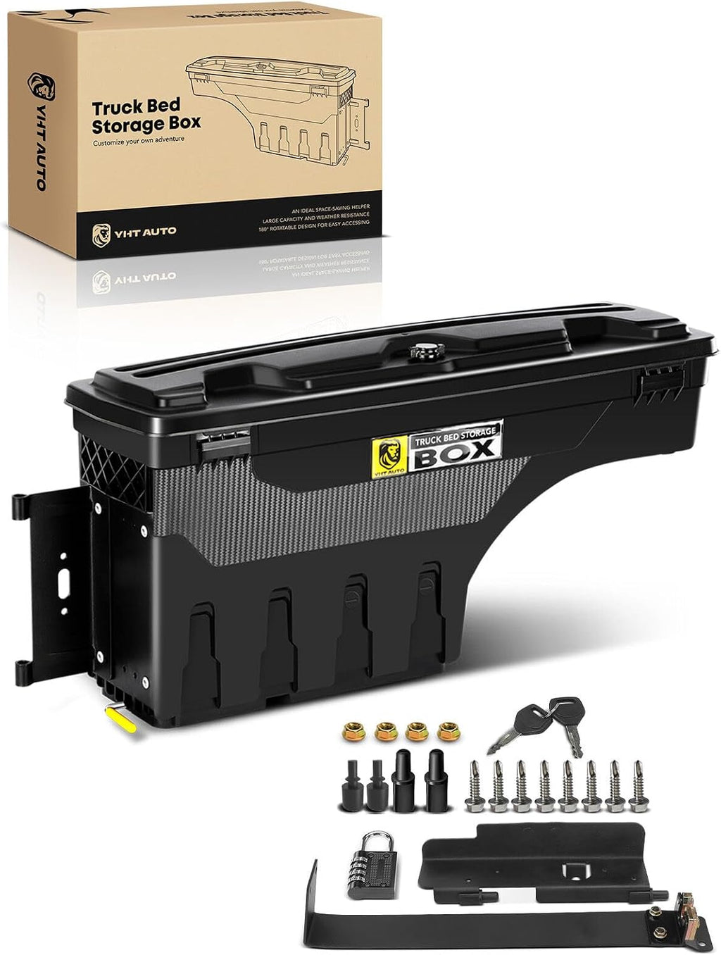 YHTAUTO Truck Bed Storage Tool Box Lockable Compatible with 1999-2016 Ford F-250 F-350 Super Duty, Driver Side, Without Bed Rail Storage, Swing Waterproof Wheel Well Toolbox