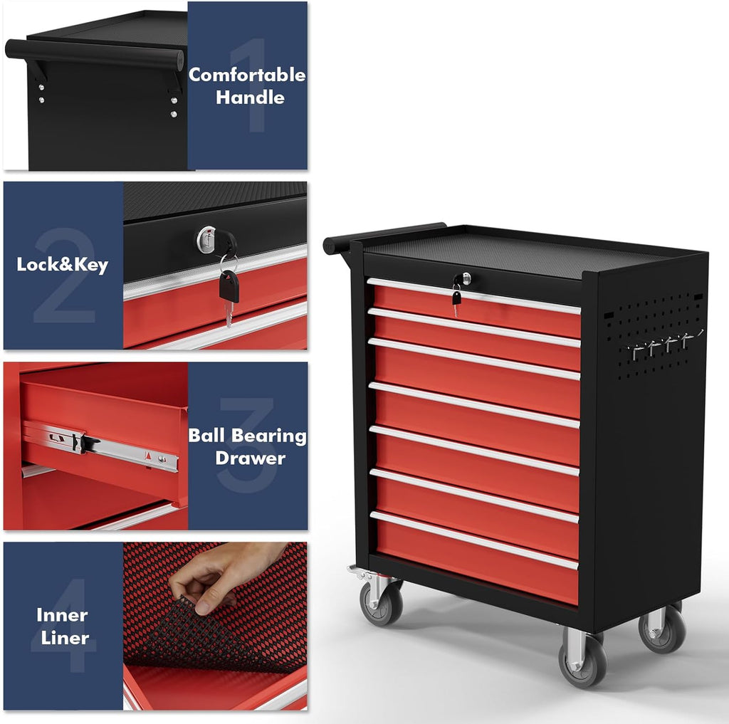 7-Drawer Tool Chest,Rolling Tool Cart with Wheels,High Capacity Tool Cabinet with Locking System for Garage, Warehouse, Workshop-Black&Red