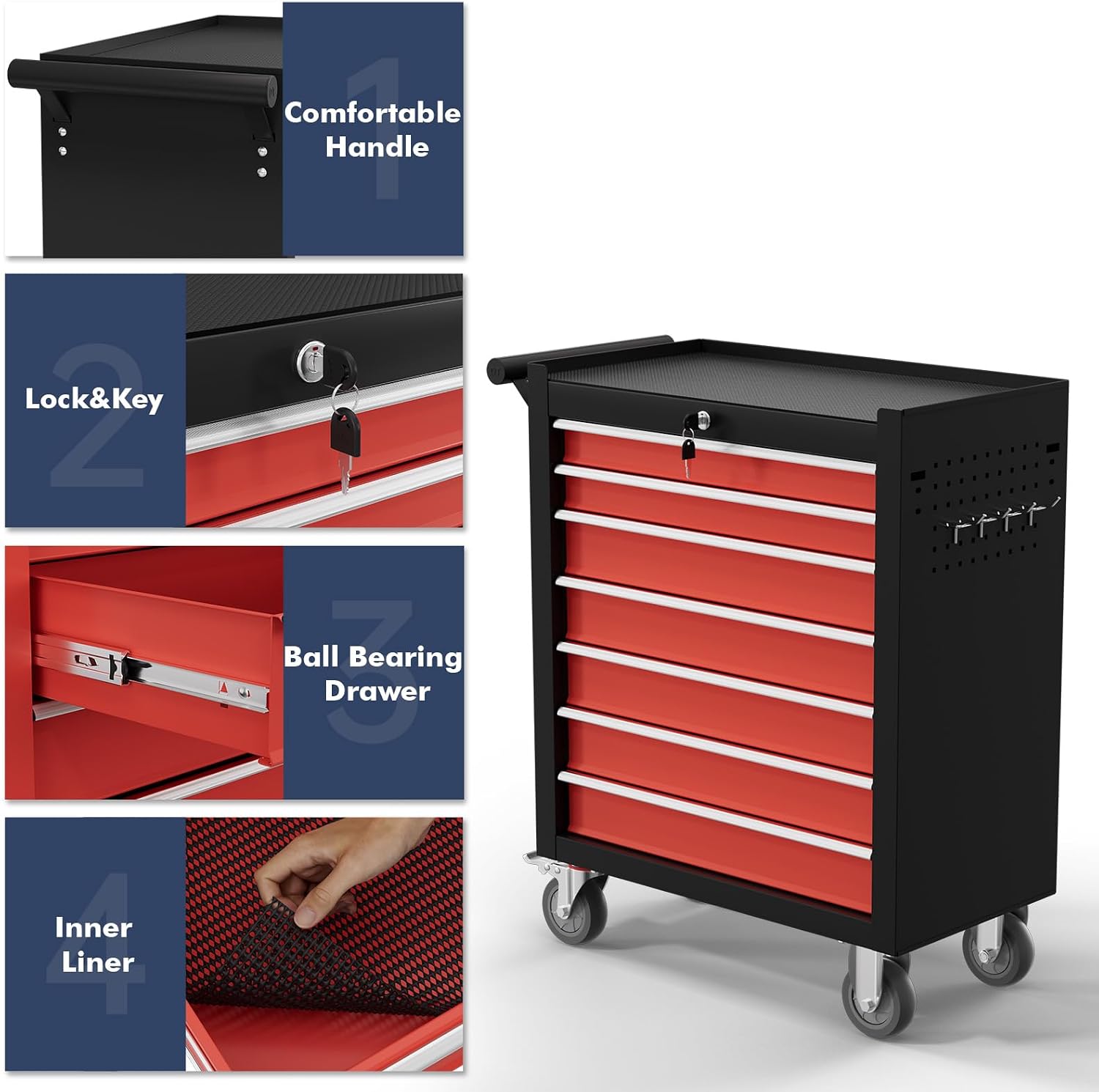 7-Drawer Tool Chest,Rolling Tool Cart with Wheels,High Capacity Tool Cabinet with Locking System for Garage, Warehouse, Workshop-Black&Red