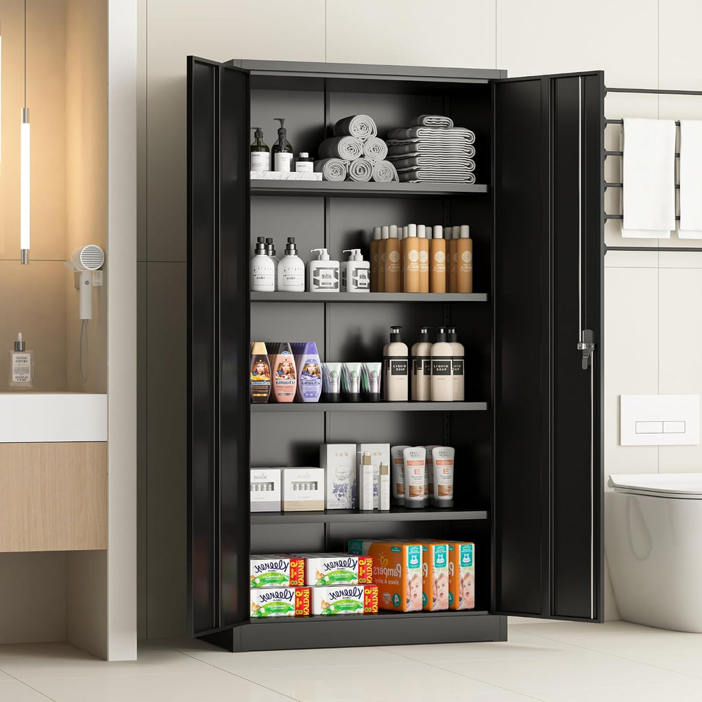 Locking Metal Storage Cabinet with 2 Door and 4 Adjustable Shelves, Black Lockable Garage Storage Cabinet for Home, Office, Utility Room, H70.87×W35.43×D17.72