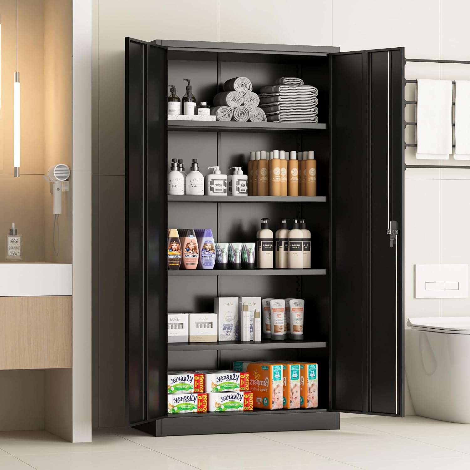 Locking Metal Storage Cabinet with 2 Door and 4 Adjustable Shelves, Black Lockable Garage Storage Cabinet for Home, Office, Utility Room, H70.87×W35.43×D17.72
