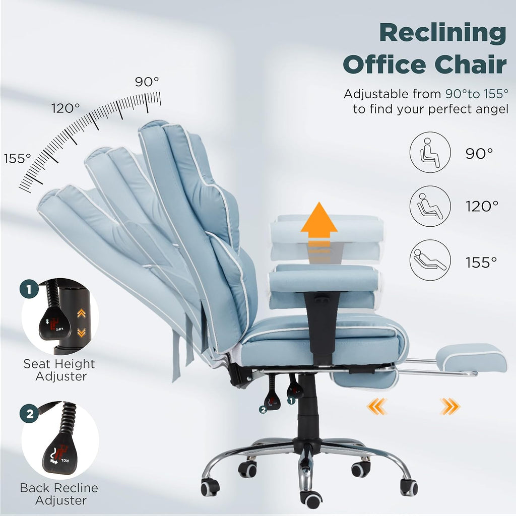 HOMREST Ergonomic Executive Office Chair with 6-Point Vibration & Heat - Reclining Managerial Chair with Adjustable Footrest and Armrests,Big and Tall Leather Home Office Desk Chairs(Airy Blue)
