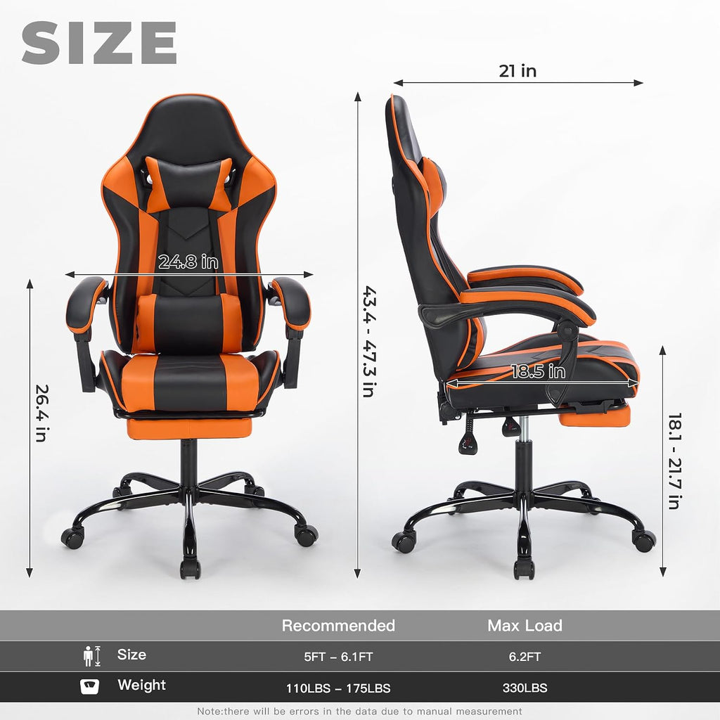 Gaming Chair with Massage and Footrest, Ergonomic High Back PC Racing Chair, 300LBS Capacity with Adjustable Lumbar Support & Headrest for Office and Desk (Model C, Orange+Black)