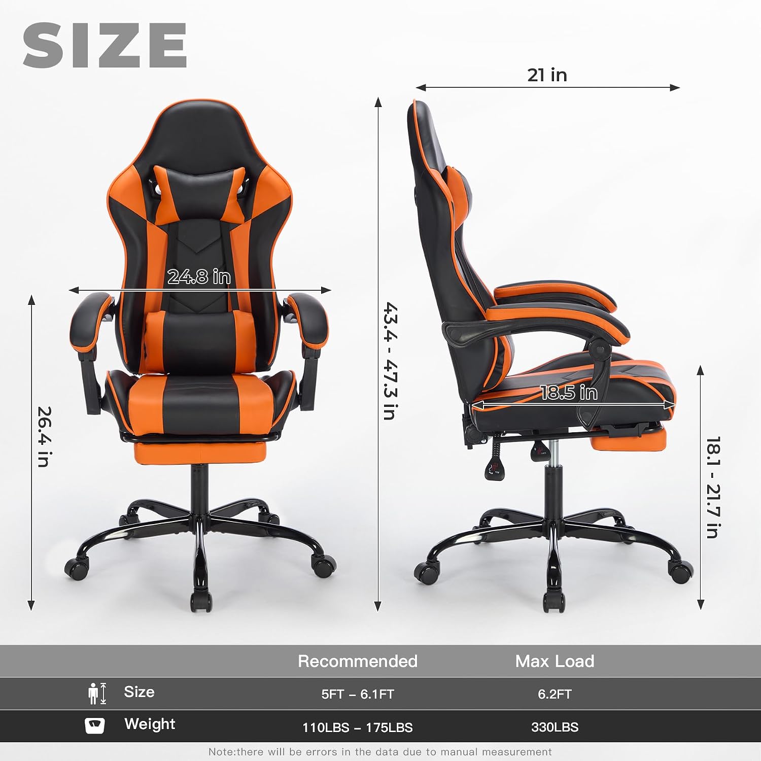 Gaming Chair with Massage and Footrest, Ergonomic High Back PC Racing Chair, 300LBS Capacity with Adjustable Lumbar Support & Headrest for Office and Desk (Model C, Orange+Black)