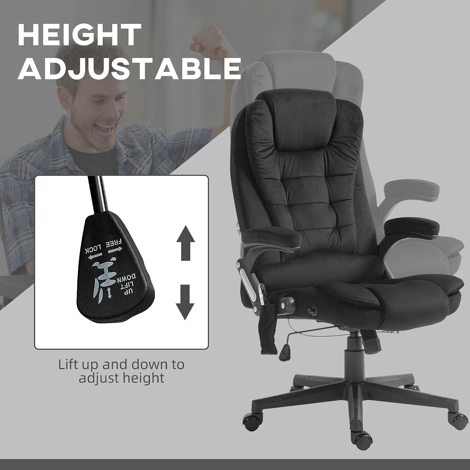 HOMCOM Executive Office Chair with 6 Points Vibration Massage and Heated Lumbar Support, Velvet High Back Computer Chair with Reclining Backrest, Tilt Function and Padded Armrests, Black