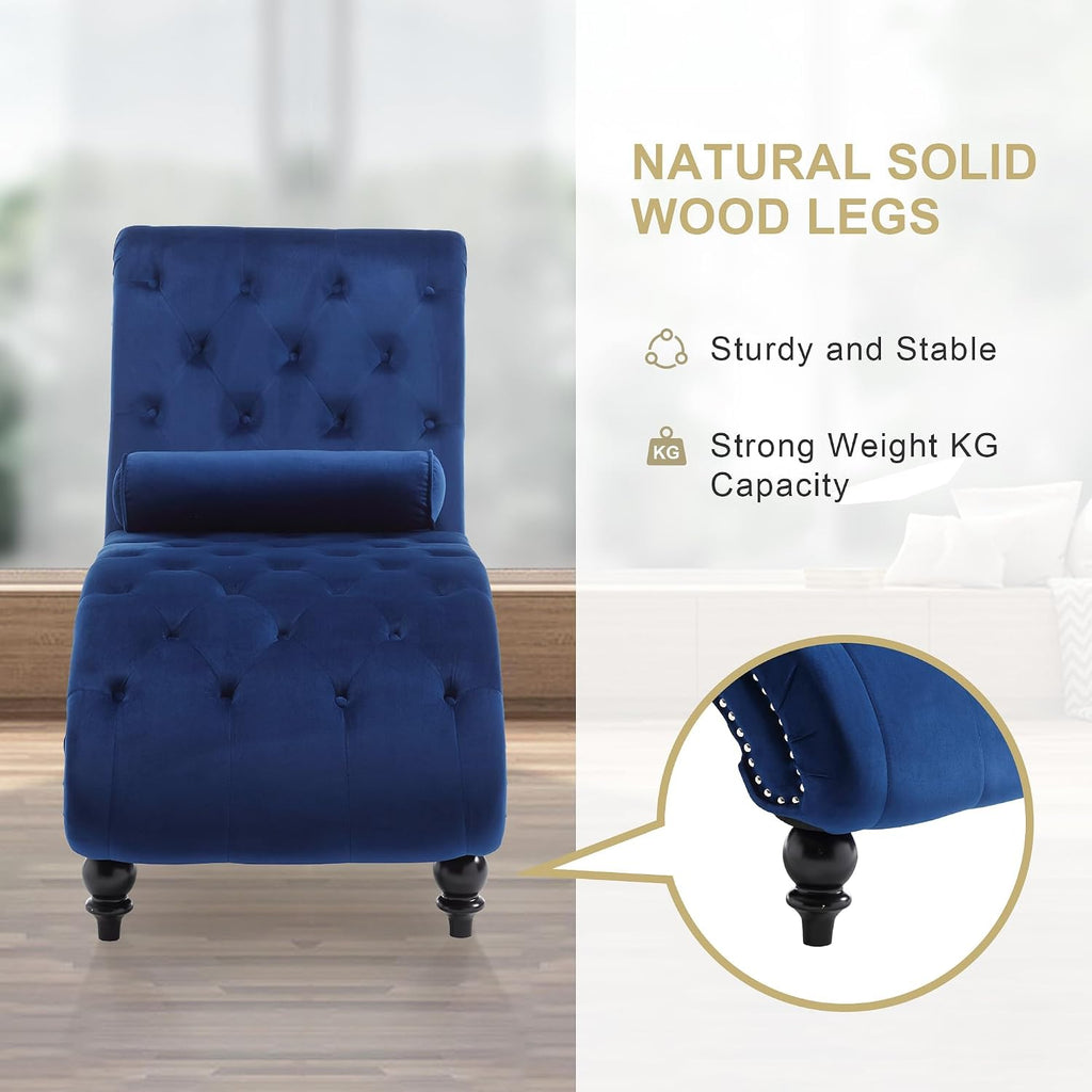 Velvet Chaise Lounge Indoor,Button-Tufted Upholstered Chaise Lounge Chair with Pillow for Bedroom Living Room Office Modern Backrest Leisure Recliner Sleep Sofa (Blue)