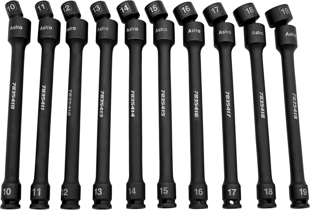Astro Tools 78354 10-Piece 3/8' Drive 6 Point Pinless Universal Torque-Saver Impact Extension Socket Set - Metric