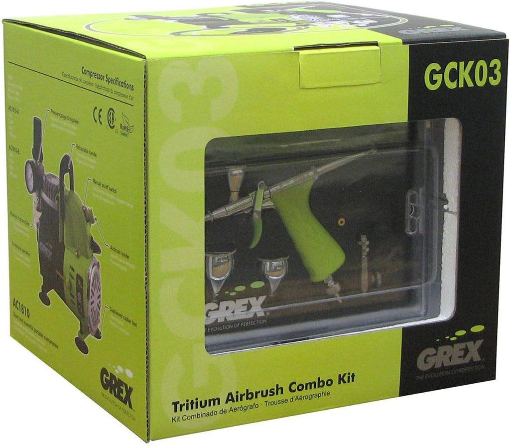 Grex GCK03 Tritium.TG Airbrush Combo Kit with Tritium.TG Airbrush, AC1810-A Compressor and Accessories - Full Airbrush System - Multicolored, 1 Set