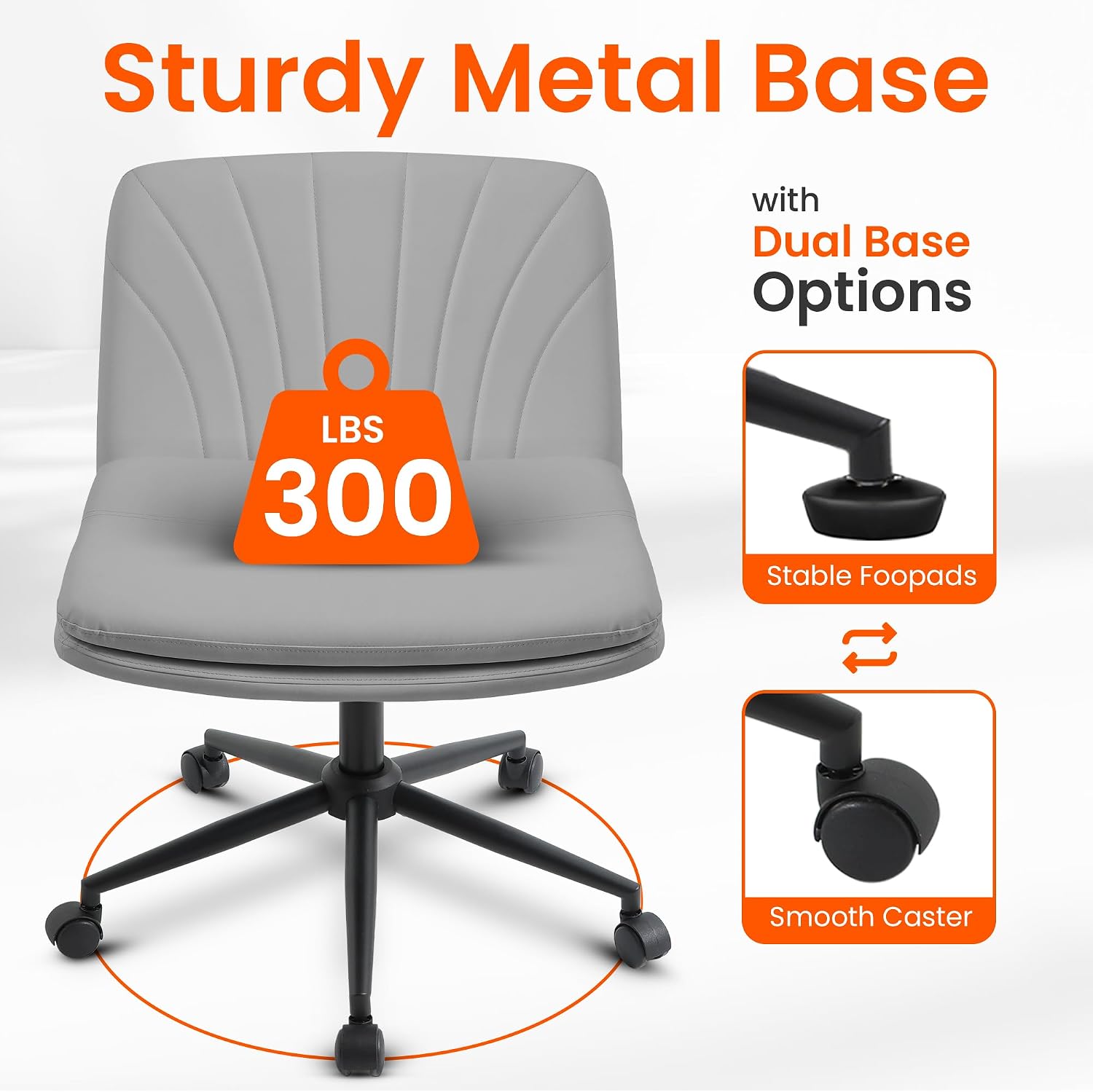 Orange Factory Criss Cross Chair with Wheels Comfy Wide Vanity Desk Chair Dual Base Leather Armless Adjustable Swivel for Home Computer Task (Grey Pu, Faux Leather)