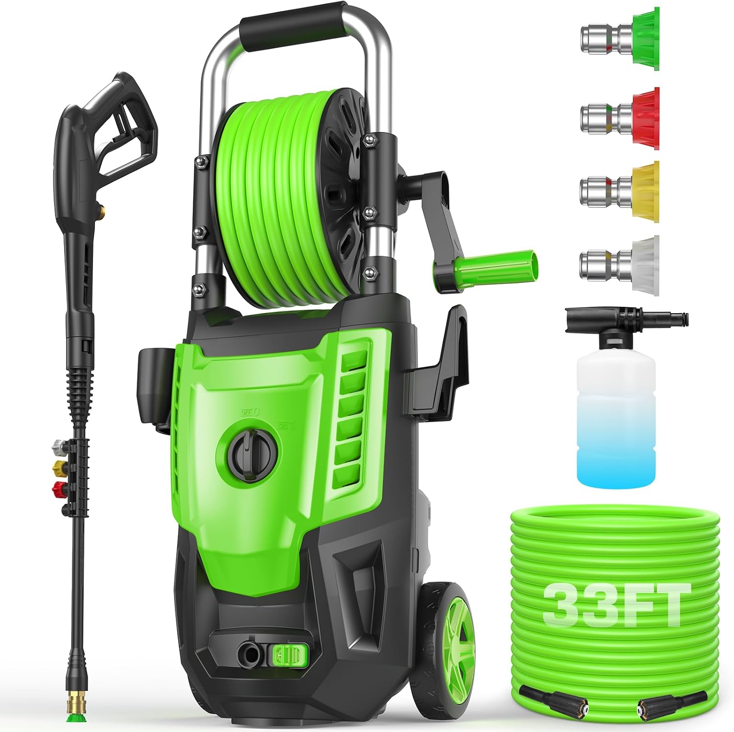 4800 PSI Electric Pressure Washer- 4.0 GPM High Power Washer with 33FT Hose Reel, 4 Spray Tips and Soap Bottle for Car Washing, Fence Cleaning, Patio Maintenance（Upgraded）(Green)