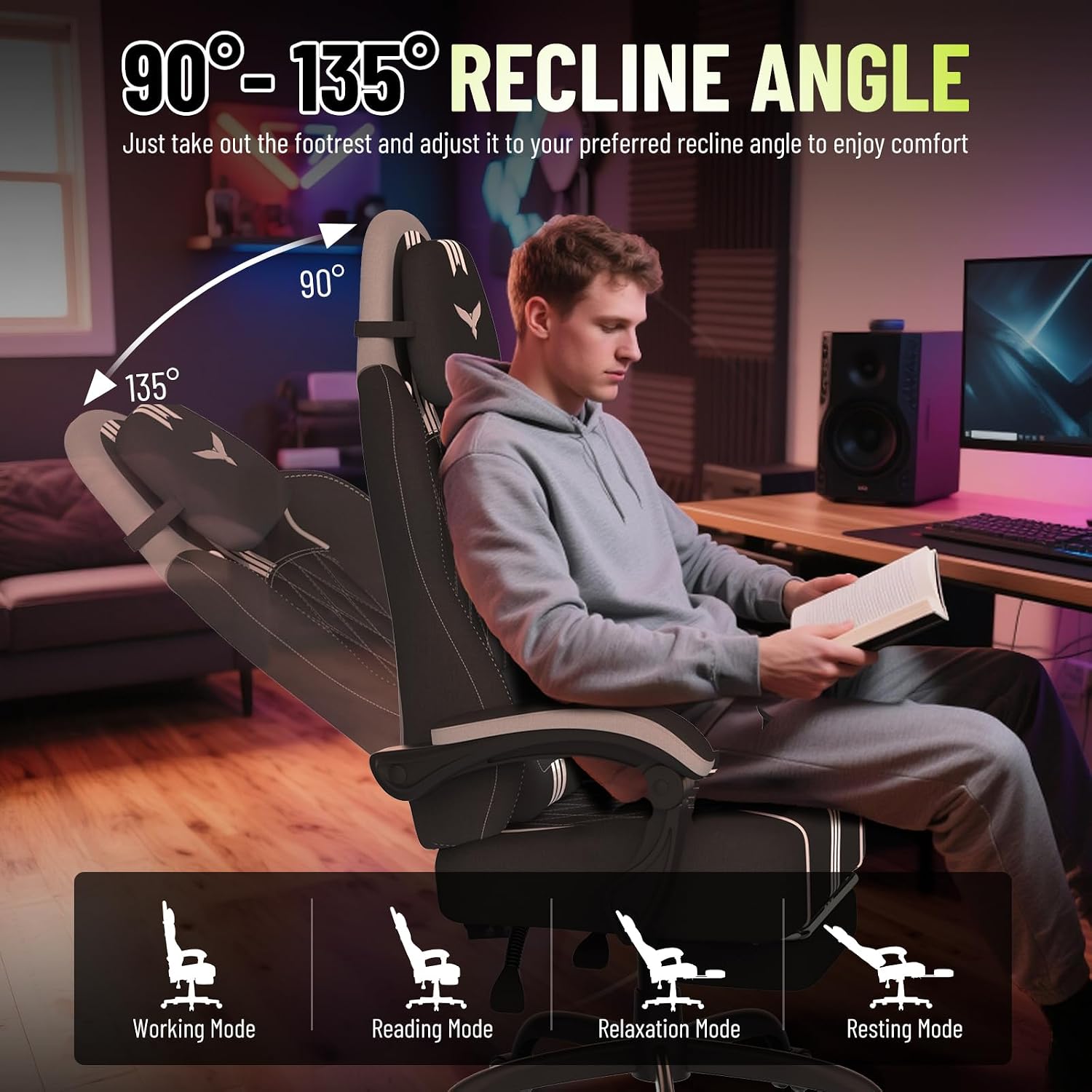 Soontrans Linen Fabric Ergonomic Chair with Pocket Spring Cushion, Wide Seat 20',Adjustable Headrest, Lumbar Pillow, Footrest & Reclining Backrest, Comfortable Office Chair for Home & Gaming