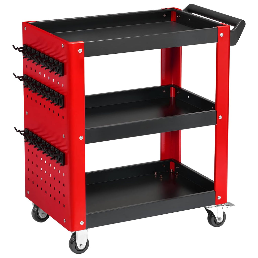 3 Tier Rolling Tool Cart on Wheels, Mechanic Storage Organizer, Rolling Work Cart with Pegboard for Garage, Workshop, Warehouse (Red and Black)