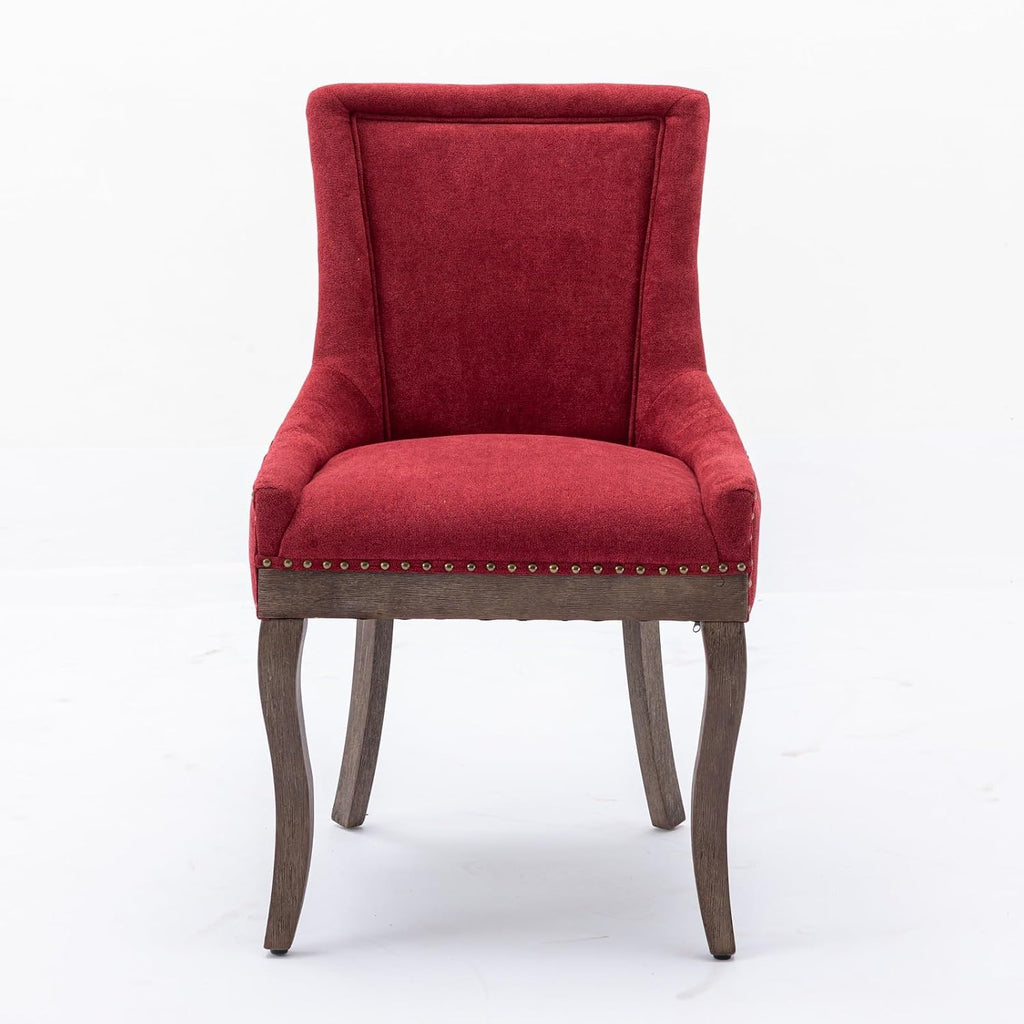 Ball & Cast Mid-Century Upholstered Dining Chairs Set of 2, Thickened Fabric Wing Back Kitchen Side-Chairs with Bronze Nail Head & Toned Solid Wood Legs, 2-Piece Traditional Chair, Wine Red