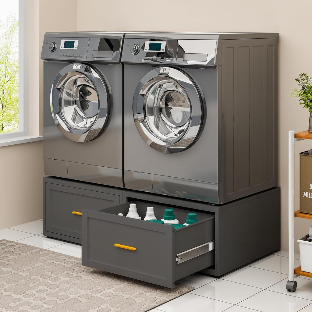 Heavy Duty Metal Washer Dryer Pedestal, 28' W Washer Pedestal with Drawer, 440LBS Universal Laundry Pedestal, Washing Machine Stand with Adjustable Feet, 16'' Height (1pack-Black)