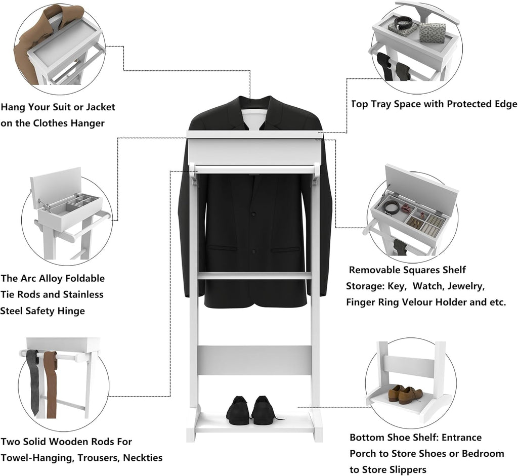 Wooden Valet Stand for Men, Clothing Valet Stand with Tray Organizer, shoe shelf and Hanging Suit, Freestanding Portable Coat Rack for Entryway, Bedroom, Office (White)