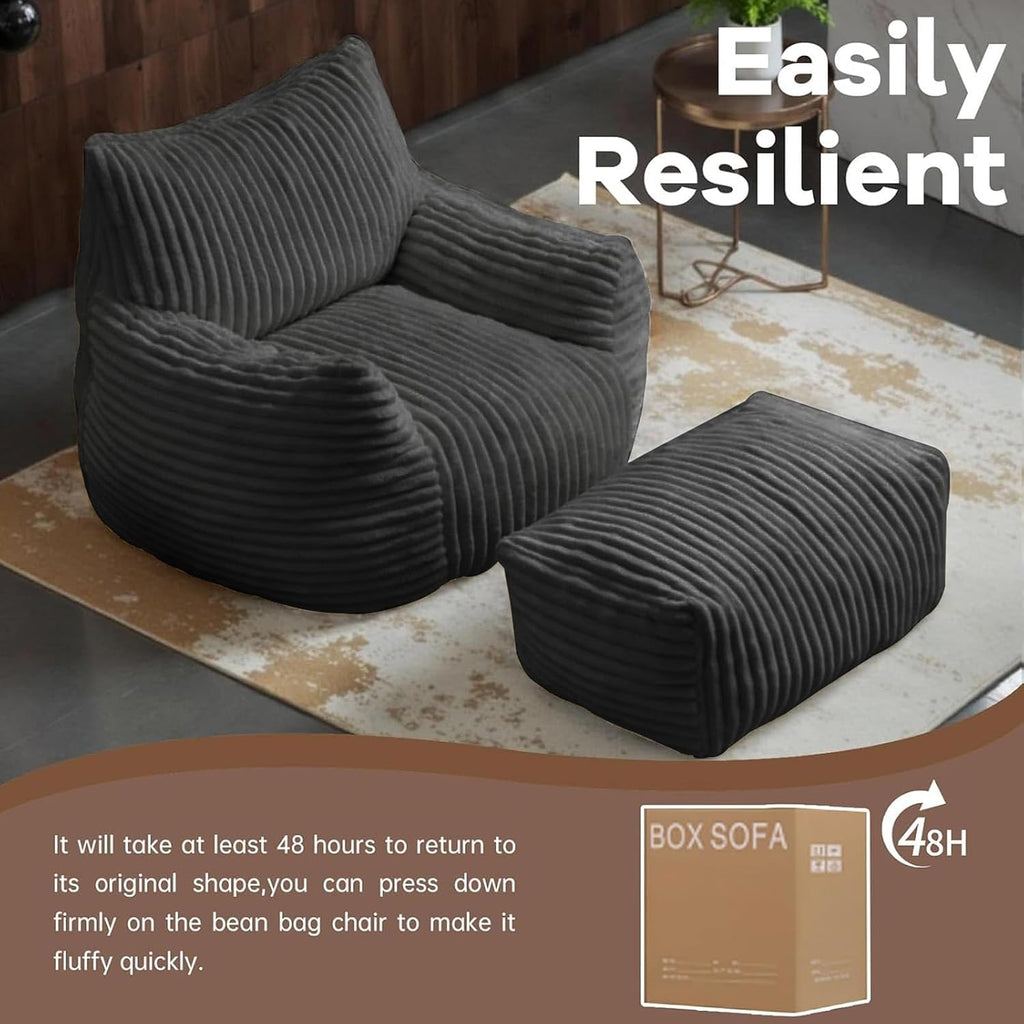 LKD Oversized Bean Bag Chairs for Adults,Bean Bag Chair with arms,Plush Bean Bag,Modern Living Room Decorative Chair,Corner Chair Bedroom,Reading Sofa, Dormitory Lounge Chairs (Black, with Ottoman)